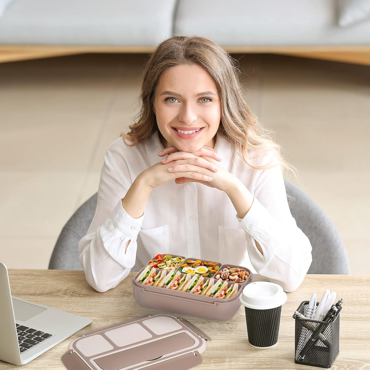 Bento Box Adult Lunch Box, Containers for Adults Men Women with 4 Compartments, Lunchable Food Container with Utensils, Sauce Jar, Muffin Liners, 40 Oz/5 Cup, Microwave & Dishwasher Safe, Brown