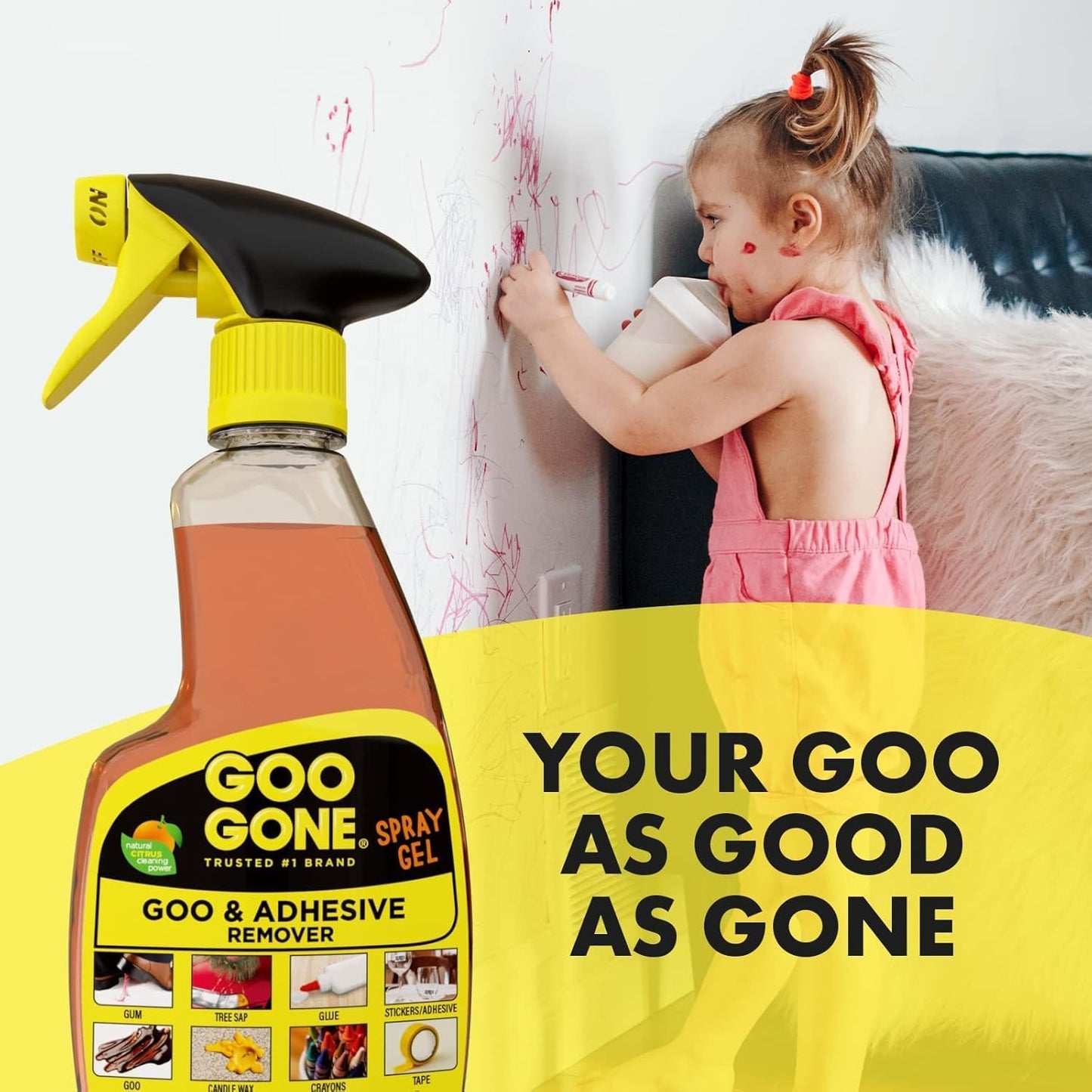 Goo Gone Adhesive Remover Spray Gel – Safe Glue and Sticker Remover for Labels, Tape Residue, Grease, Tar, Gum, Crayons, Candle Wax, Tree Sap, & Makeup on Hard Surfaces, Carpets, and Fabrics, 12 oz