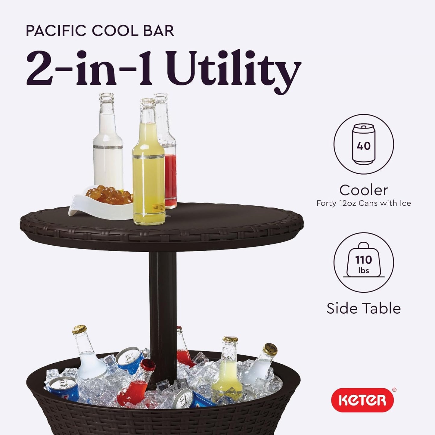 Keter Pacific Cool Bar Outdoor Patio Furniture and Hot Tub Side Table with 7.5 Gallon Beer and Wine Cooler, Espresso Brown