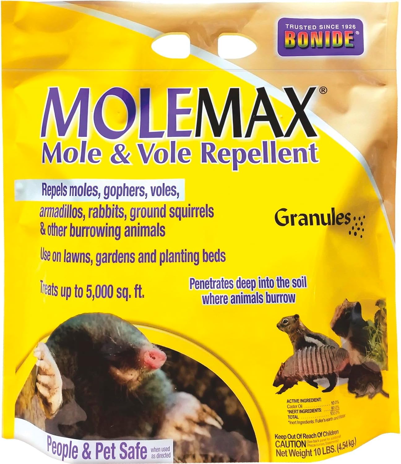 Bonide MOLEMAX Mole & Vole Repellent Granules, 10 lbs. Ready-to-Use, Outdoor Lawn & Garden Mole Control, People & Pet Safe