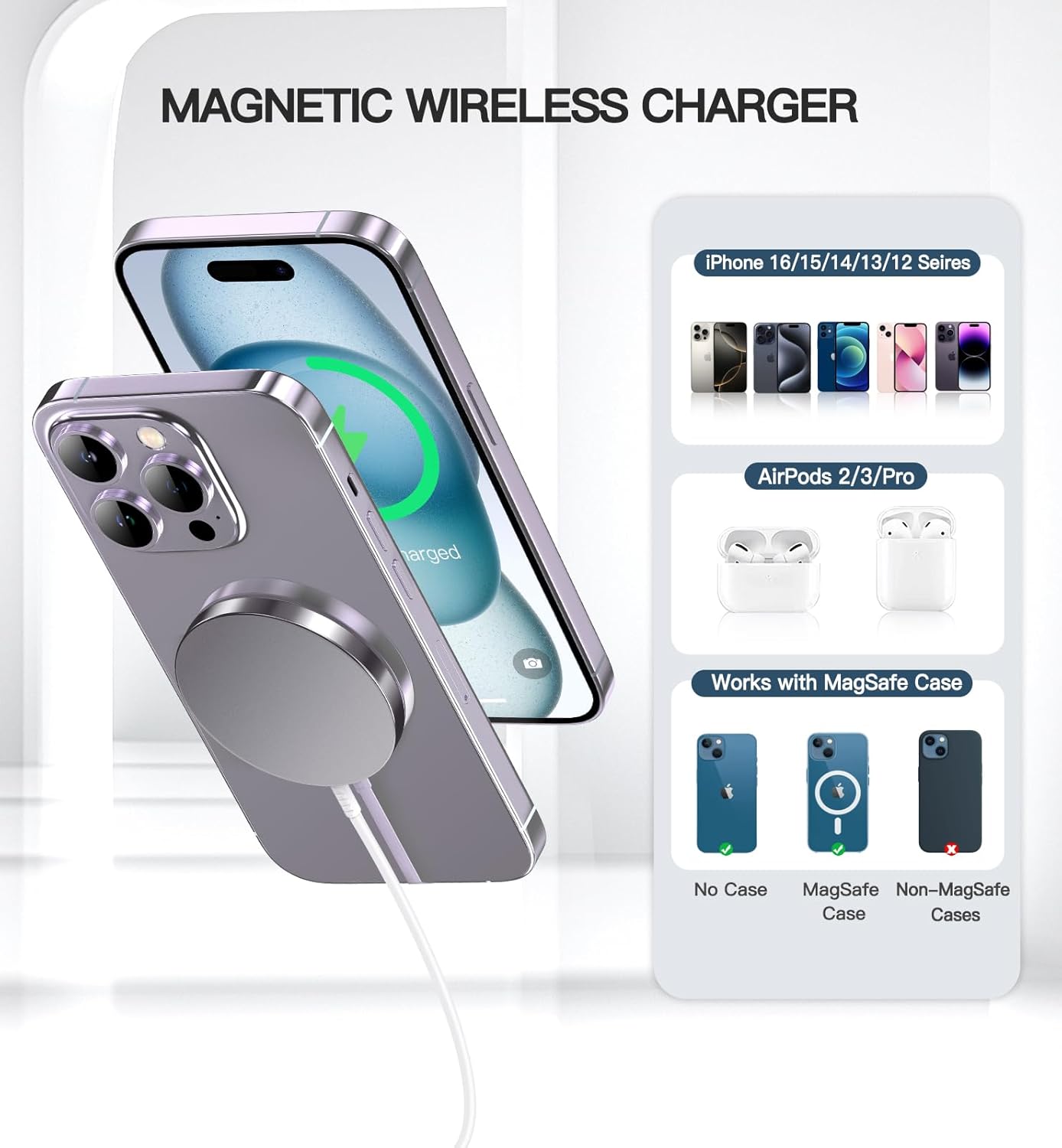 Magnetic Wireless Charger 15W Fast Mag Safe Charger for Cell iPhone 17 Pro Max/17 Pro/17 Air/17/16/15/14/13/12 Series 2 Pack Charging Pad for AirPods 3/2/Pro 2/Pro Mag-Safe Original Replacement