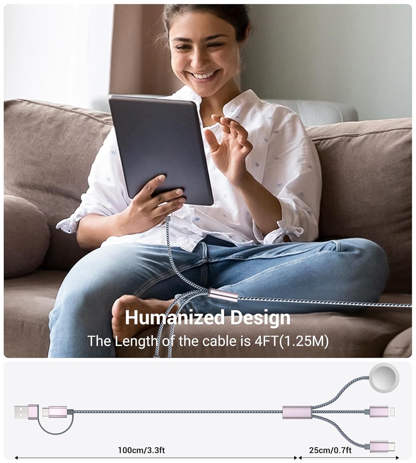 Temdan for Travel Essentials,3 in 2 USB C Cable for Apple Watch Charger/iPhone 17 Charger/Lightning,Multi Charging Cable Cord,Vacation Camping Essentials,Portable Designed for iWatch &iPhone 16-12-4FT