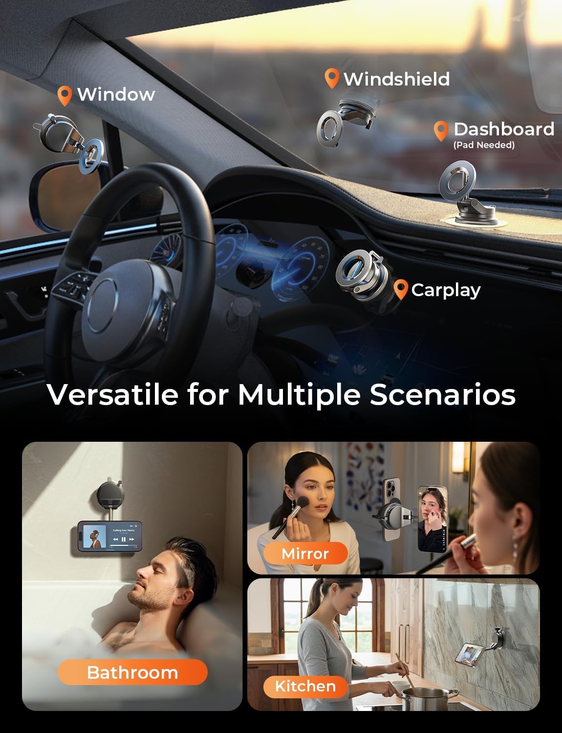 LISEN Vacuum Magnetic Phone Holder for Car, Magsafe Car Mount 360 Adjustable Vacuum Suction Cup, Phone Mount for Car Accessories/Windshield/Mirror/Kitchen/Gym for iPhone 17 Pro Max 16 15 14 13