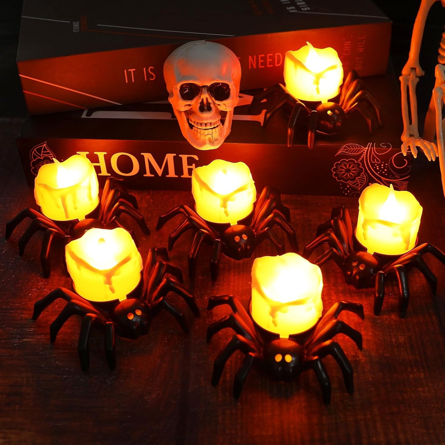 FOIMAS 6 PCS Halloween Tea Lights Candles,Halloween Flameless Candles Halloween Spider Tealights Spooky Flickering Fake Candles for Halloween Party Decorations, Black