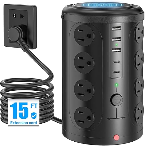 21 in 1 Tower Power Strip Surge Protector with 16 Outlets and 5 USB Ports (2 USB-C), 6FT Extension.