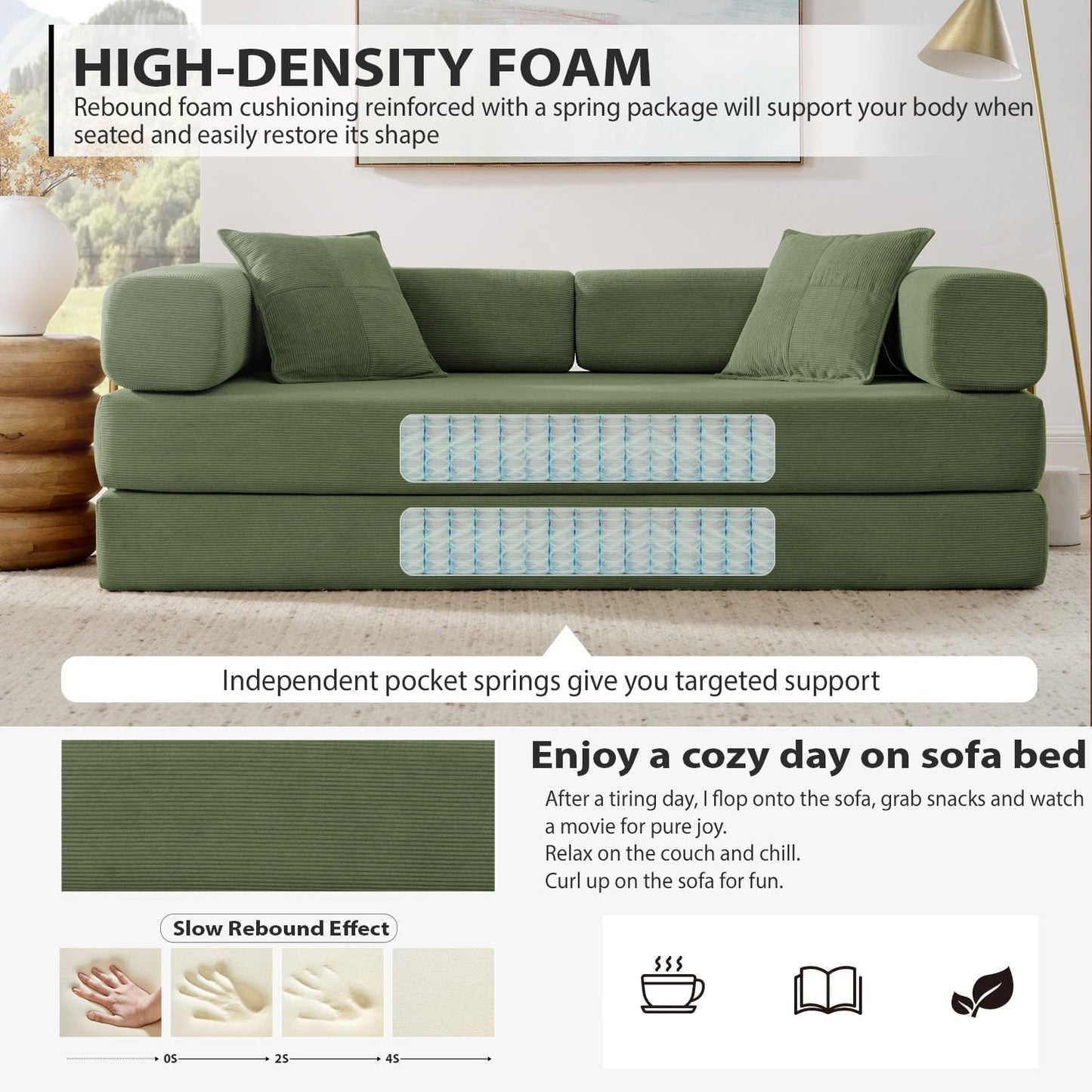 4-in-1 Folding Convertible Sofa Bed, 78 Inch Oversized Corduroy Upholstered Boneless Couch, Loveseat Sleeper with Pull Out Bed, Floor Sofa Modular Futon Couch for Living Room Bedroom Lounge, Green