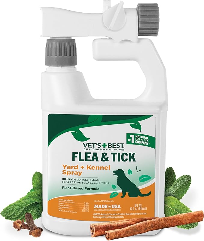 Vet's Best Natural Flea and Tick Yard and Dog Kennel Spray, Plant Safe Tick Spray for Yard with Ready-to-Use Hose Attachment, Mosquito Repellent with Natural Oils, Flea Prevention for Dogs, 32 oz