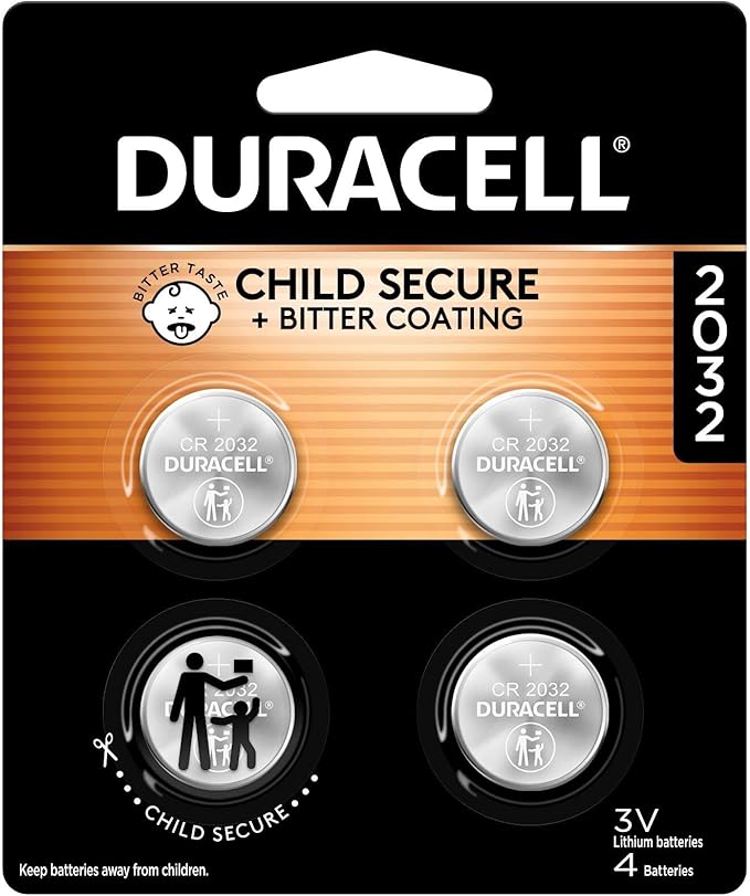 Duracell 2032 Lithium Battery. 4 Count Pack. Child Safety Features. Compatible with Apple AirTag, Key Fob, and other devices. CR2032 Lithium 3V Cell. 2032 Battery, Lithium Coin Battery
