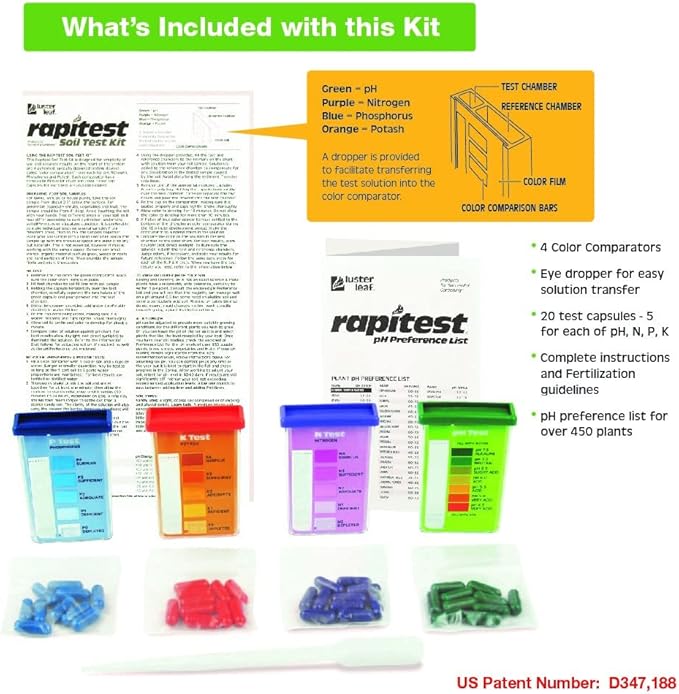 Rapitest Soil Test Kit for Gardens, Vegetables, Flowers and Lawns. USA designed and assembled soil tester completely, quickly and accurately measures/analyzes soil pH acidity and garden nutrients. - Cart Shape