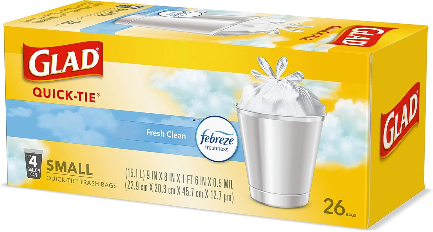 Glad Small Trash Bags 4 Gallon, Febreze Fresh Clean Garbage Bags, Odor Resistant with Quick Tie, 26 Count