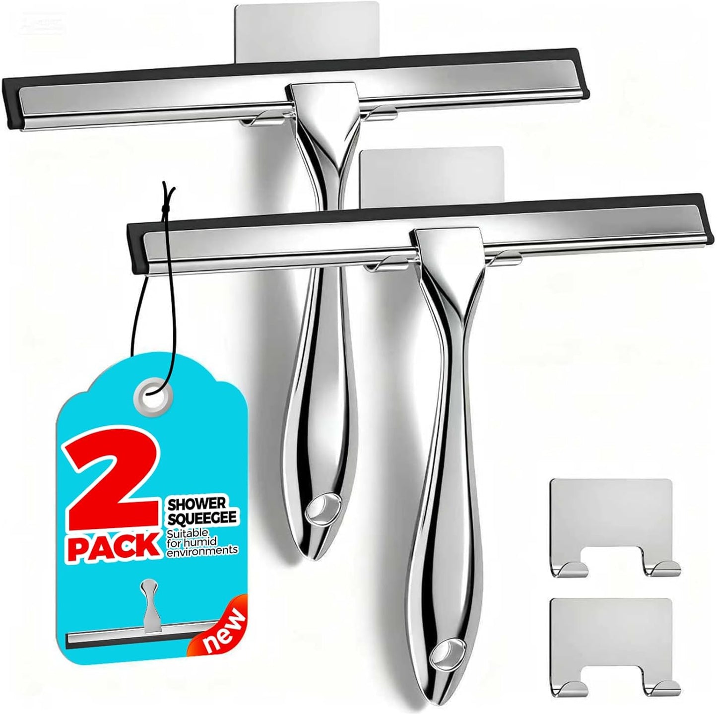 2PACK Shower Squeegee for Glass Doors, Squeegee for Shower Glass,All-Purpose Tile Walls, Bathroom, Window, Glass and Car Windshield, Mirrors and Kitchen-Stainless Steel, 10 Inches, Silver