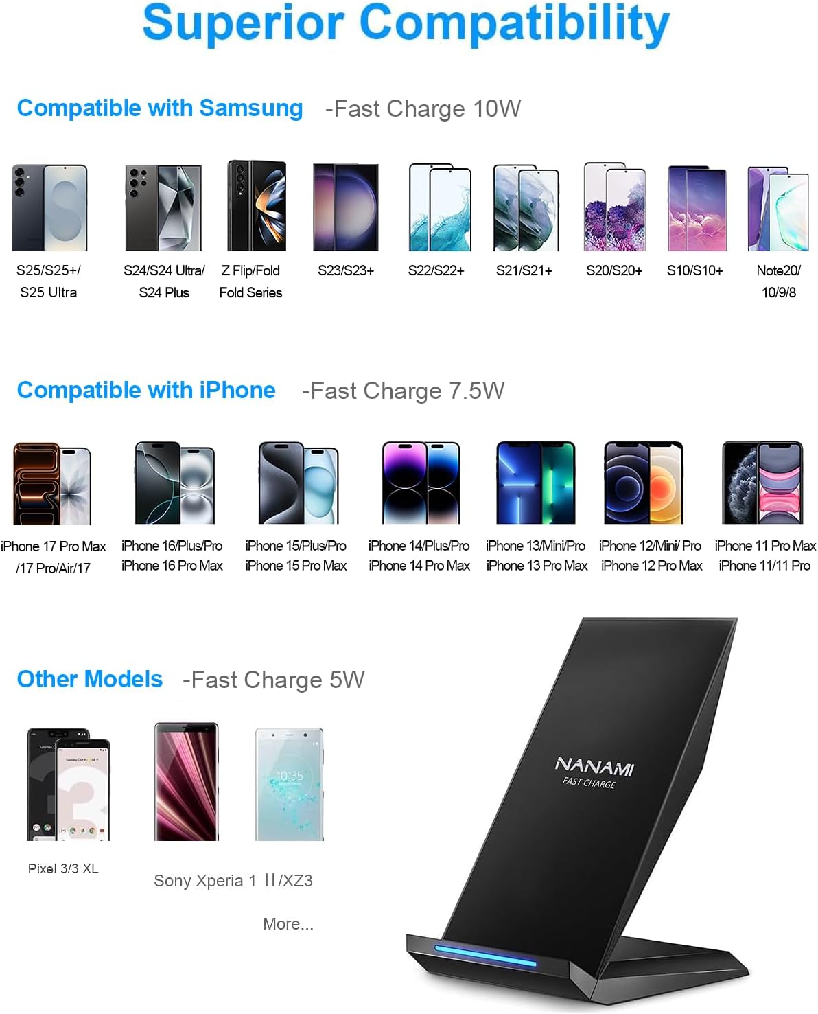 Fast Wireless Charger, NANAMI 15W Qi Certified Wireless Charging Stand Compatible iPhone 16/15/15 Pro/15 Plus/15 Pro Max/14/14 Pro/13/12, for Samsung Galaxy S25/S24/S23/S22/S21 and Qi-Enabled Phone