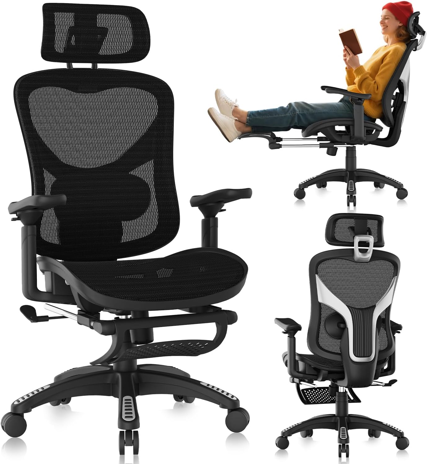 Ergonomic Office Chair, Mesh Desk Chair with Footrest, Adjustable Lumbar Support, 3D Armrest & Large Headrest, 3-Gear Tilt Recline, Stable Swivel Computer Gaming Chairs for Man Woman