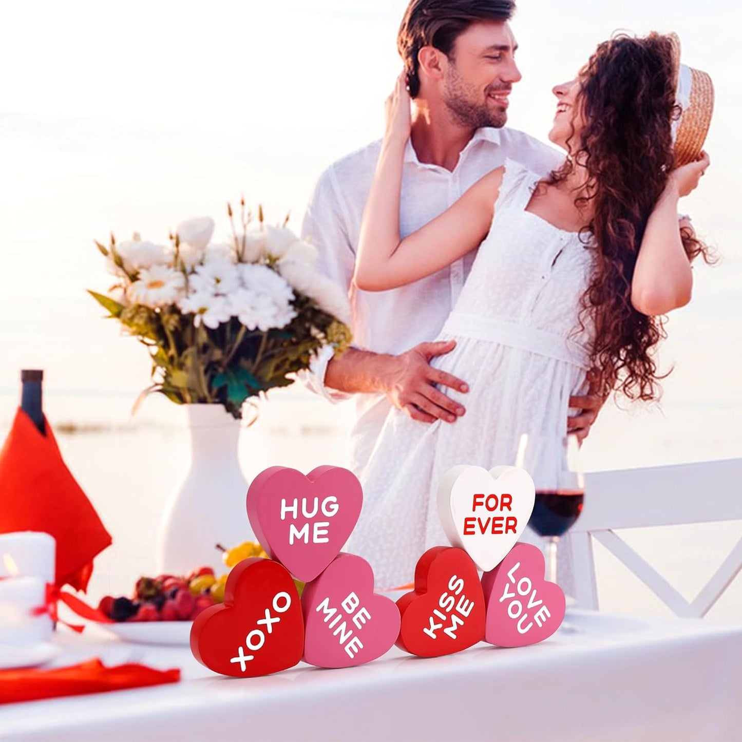 Valentines Day Decorations Wooden Sign, 6 Piece Small Heart Shaped Decor, Love Candy Table Centerpiece for Tiered Tray, Home, Kitchen, Rustic Living Room, Shelf, Wedding, Party (Red Pink and White)