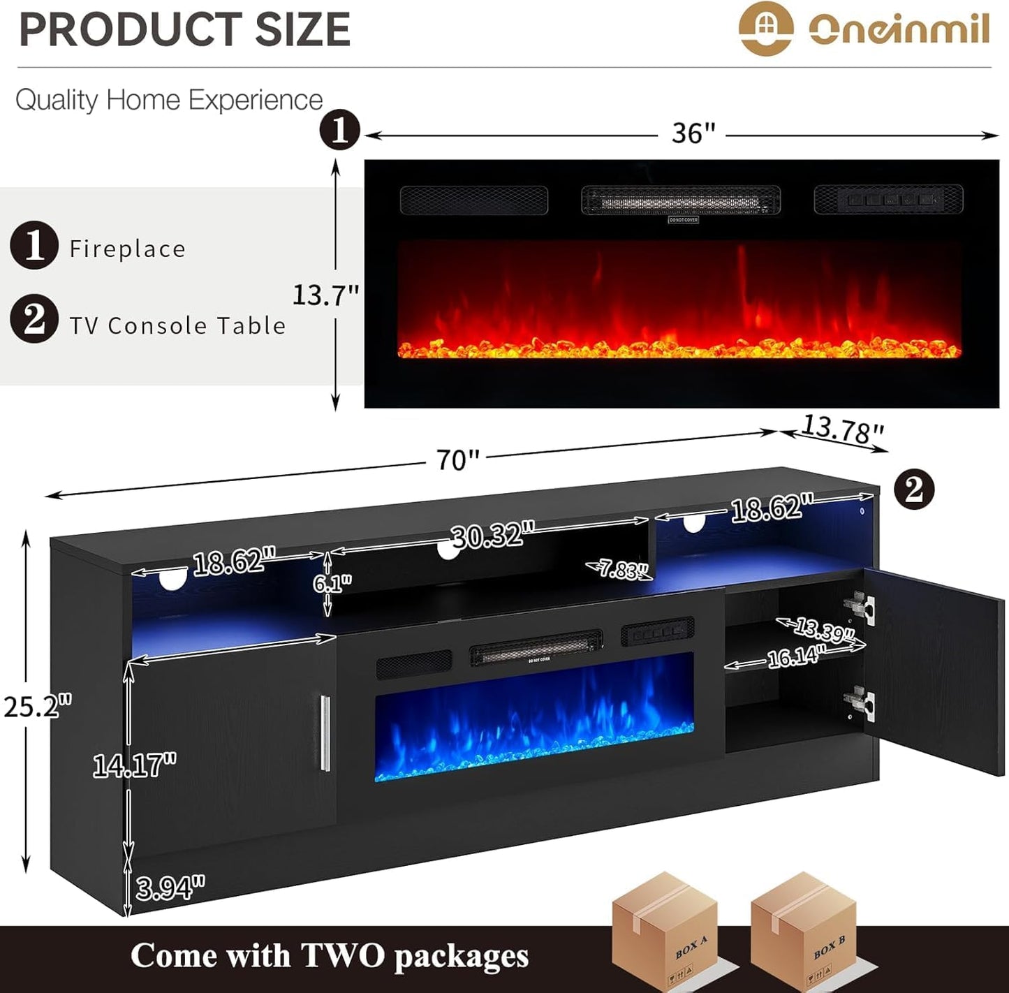 oneinmil 70" Fireplace TV Stand with Power Outlet for TVs Up to 80", Electric Fireplace Entertainment Center with LED Lights & Storage Cabinets, Media Console Table for Living Room, Black