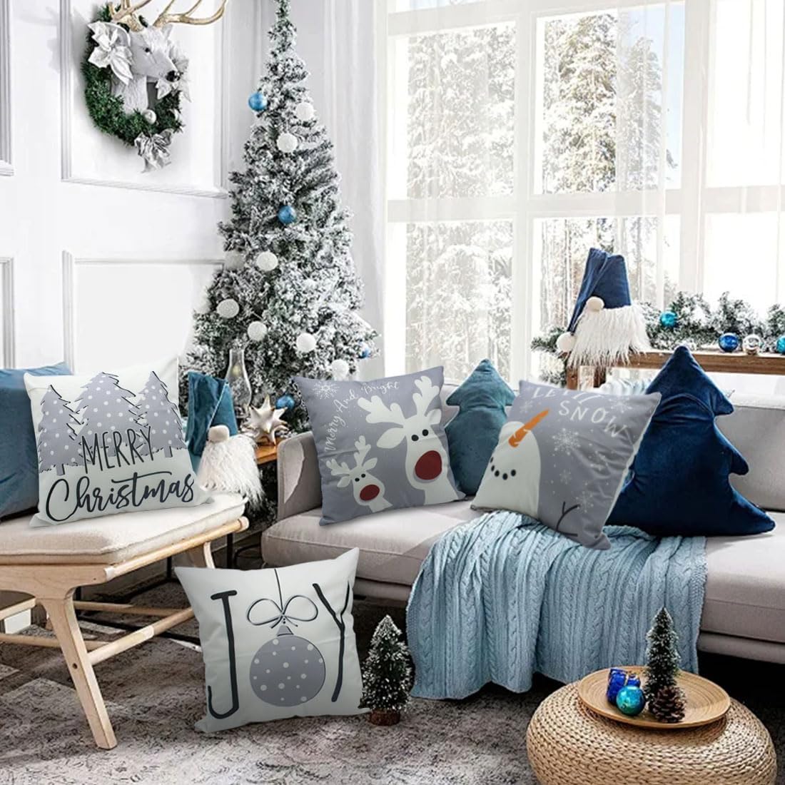 PSDWETS Christmas Pillow Covers 18x18 Set of 4 Christmas Decorations Snowman Deer Tree Winter Holiday Decor Throw Cushion Case for Home Couch