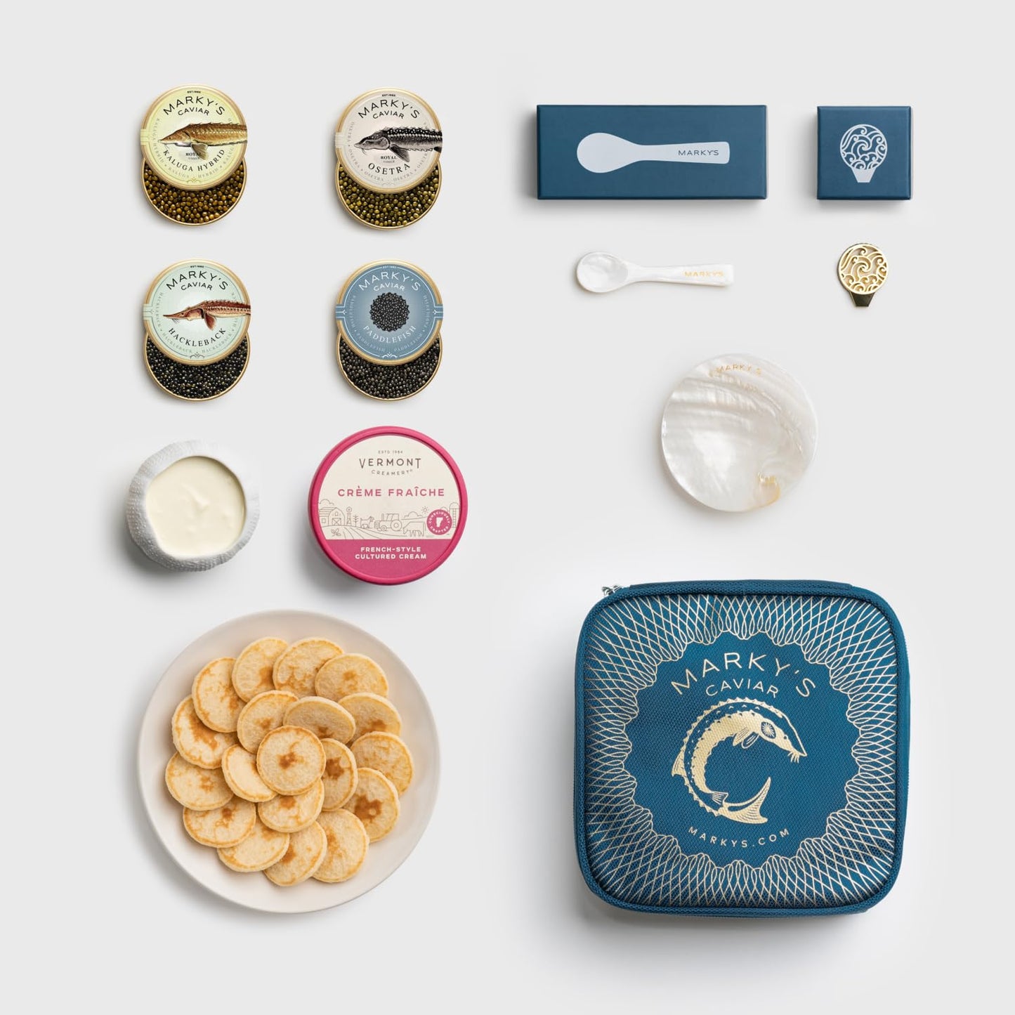 MARKY'S Essential Caviar Tasting Gift Set - 0.5 oz / 14 g (Pack of 4) x Kaluga Royal Amber, Hackleback, Osetra Royal, Paddlefish - Cocktail Blini - Сreme Fraiche - Serving Set - Spoon, Plate & Tin Opener - Comes with Cooler Gift Bag