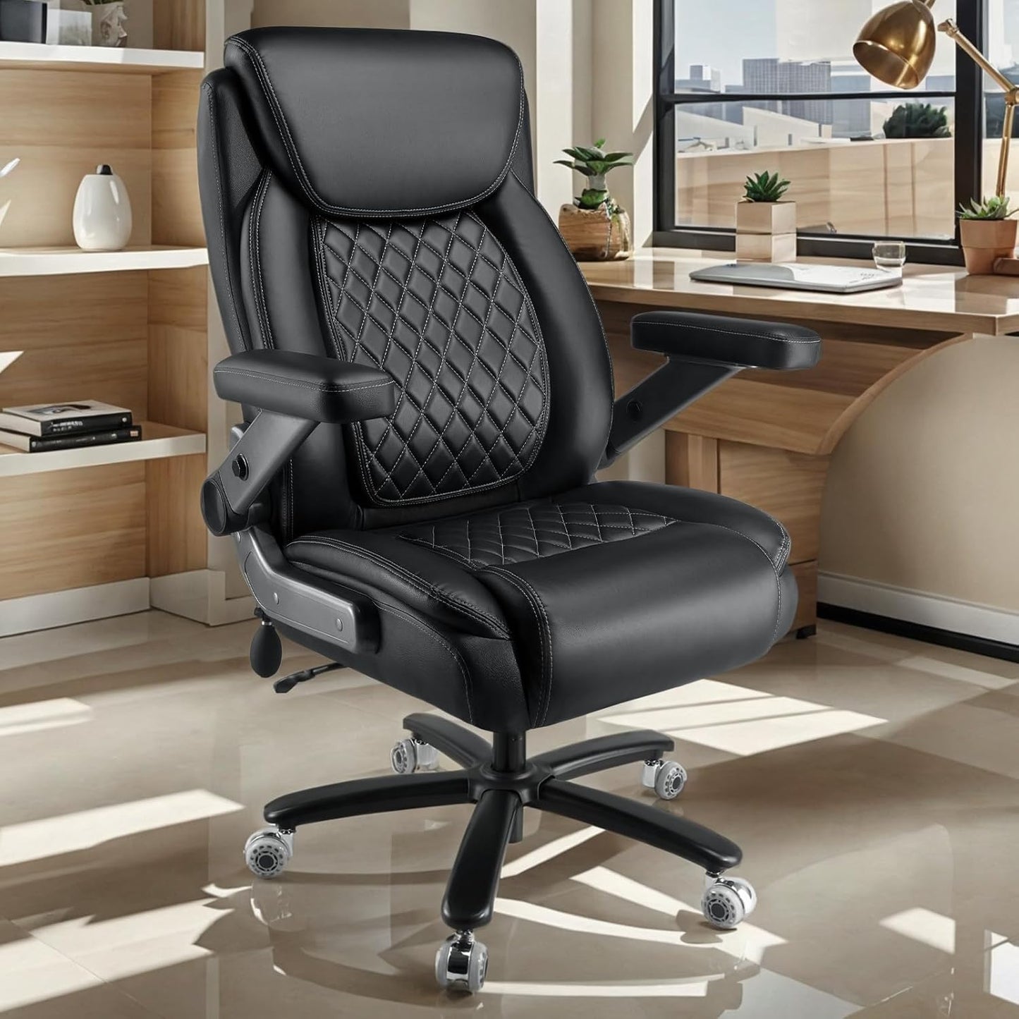 600LBS Large Heavy Duty Office Chair with 5D Flip Arms, Comfy Big and Tall Executive Office Desk Chair with Pocket Spring Cushion,High Back Computer Chair with Lumbar Support,Dual Rubber Wheel