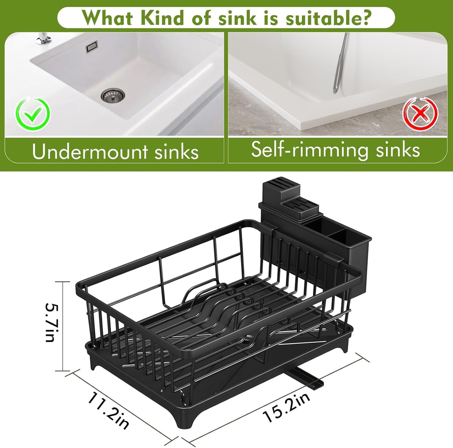 Dish Drying Rack - Space-Saving Small Dish Rack for Kitchen Counter, Rust-Resistant Kitchen Drying Rack, Compact Dish Drainer Organizer with Utensil Holder for Home Kitchen, Black