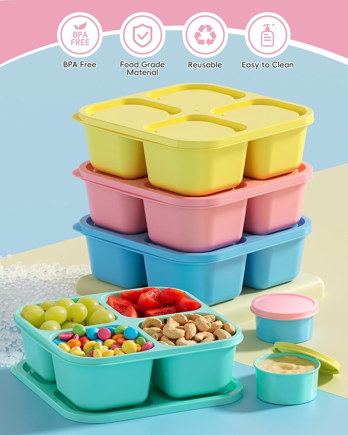 4 Pcs Snack Box Containers Set, Reusable 4 Compartment Lunchable Container with 2Pcs Sauce Containers, Stackable BPA-Free Bento Box for School, Work, Travel (4 Color)