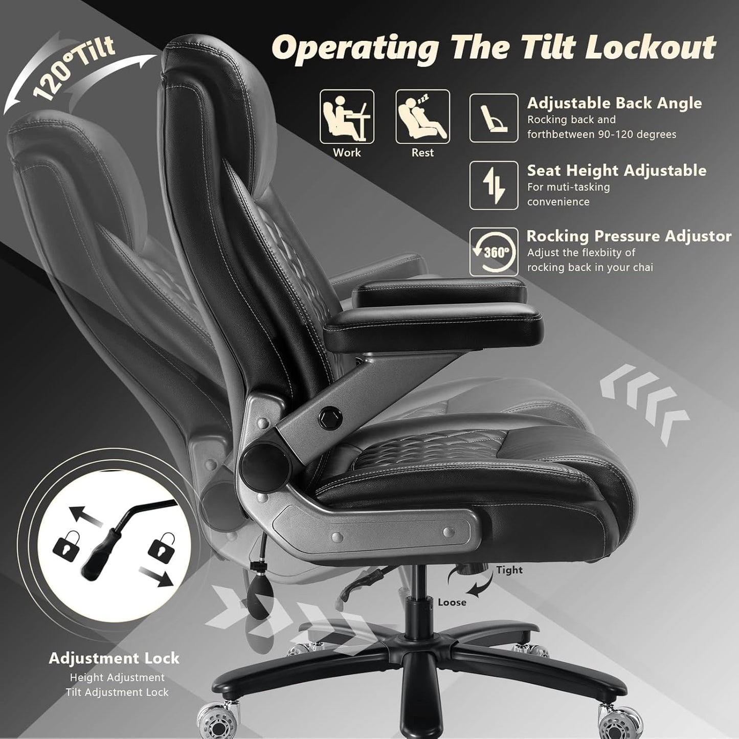 600LBS Large Heavy Duty Office Chair with 5D Flip Arms, Comfy Big and Tall Executive Office Desk Chair with Pocket Spring Cushion,High Back Computer Chair with Lumbar Support,Dual Rubber Wheel