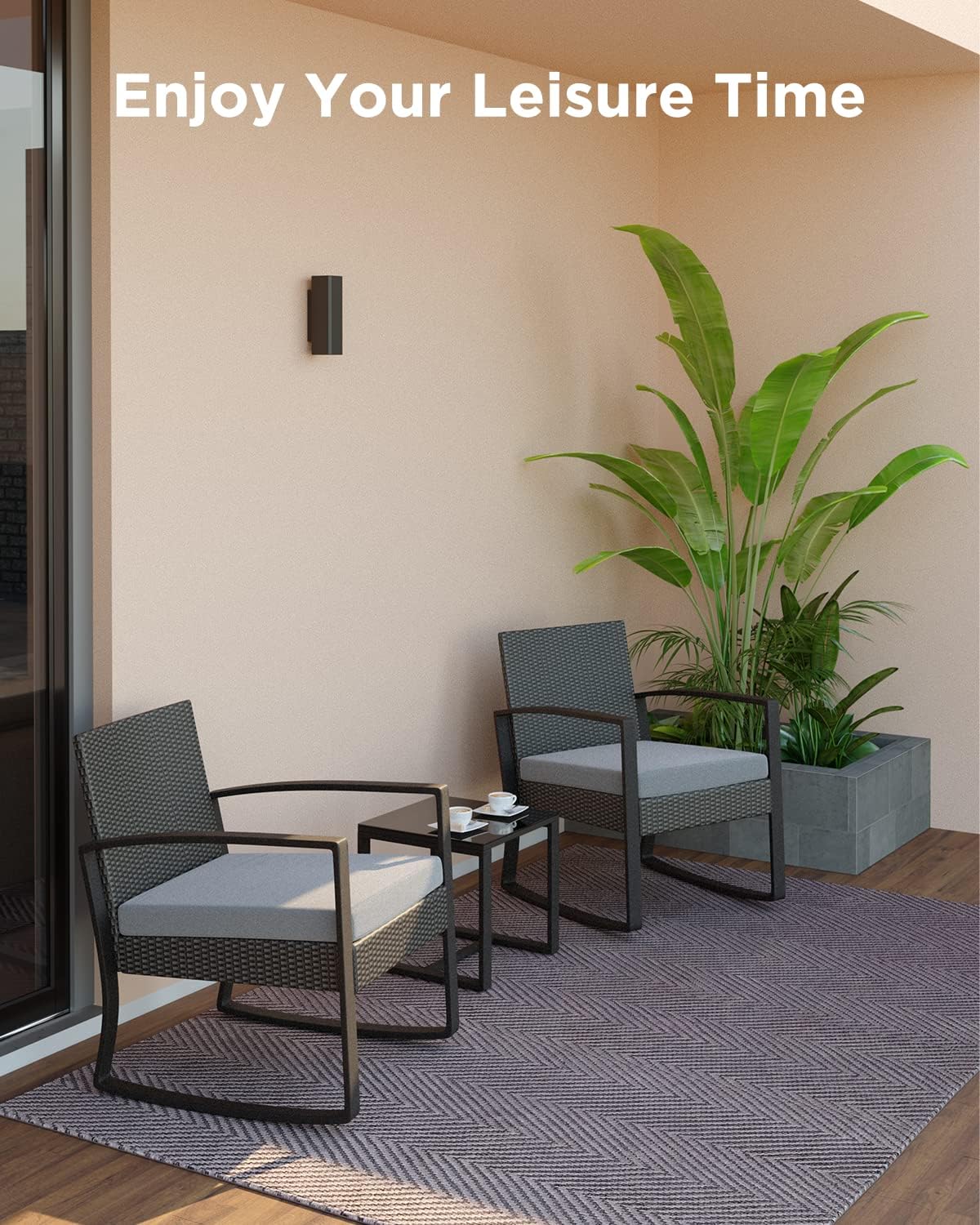 3 Pieces Outdoor Patio Furniture Set Rocking Bistro Set Outdoor Rattan Conversation with Coffee Table for Garden Balcony Backyard Poolside (Grey Cushion)