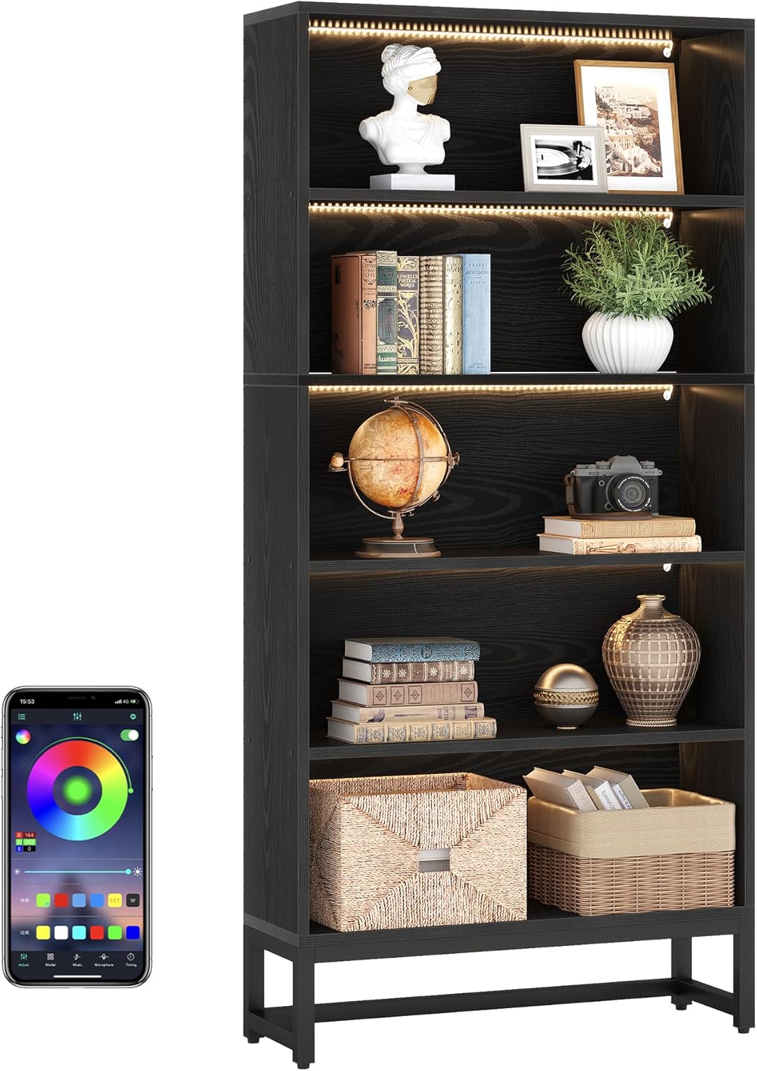 Tribesigns Tall Bookcase Black Bookshelf, 70.8” Large Bookcases Organizer with LED Lights, Heavy Duty Free-Standing Library Bookshelf with 5-Tier Storage Shelves for Living Room, Bedroom (Black)