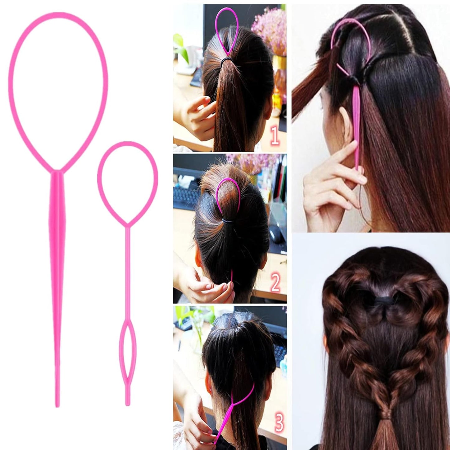 8Pcs Hair Brushes Set with 4Pcs Topsy Hair Tail Tools 1Pcs Bristle Teasing Hair Brush 1Pcs Edge Control Brush 2Pcs Metal Pin Rat Tail Combs for Woman Girl hair Styling,Edge&Back Brushing,Pink