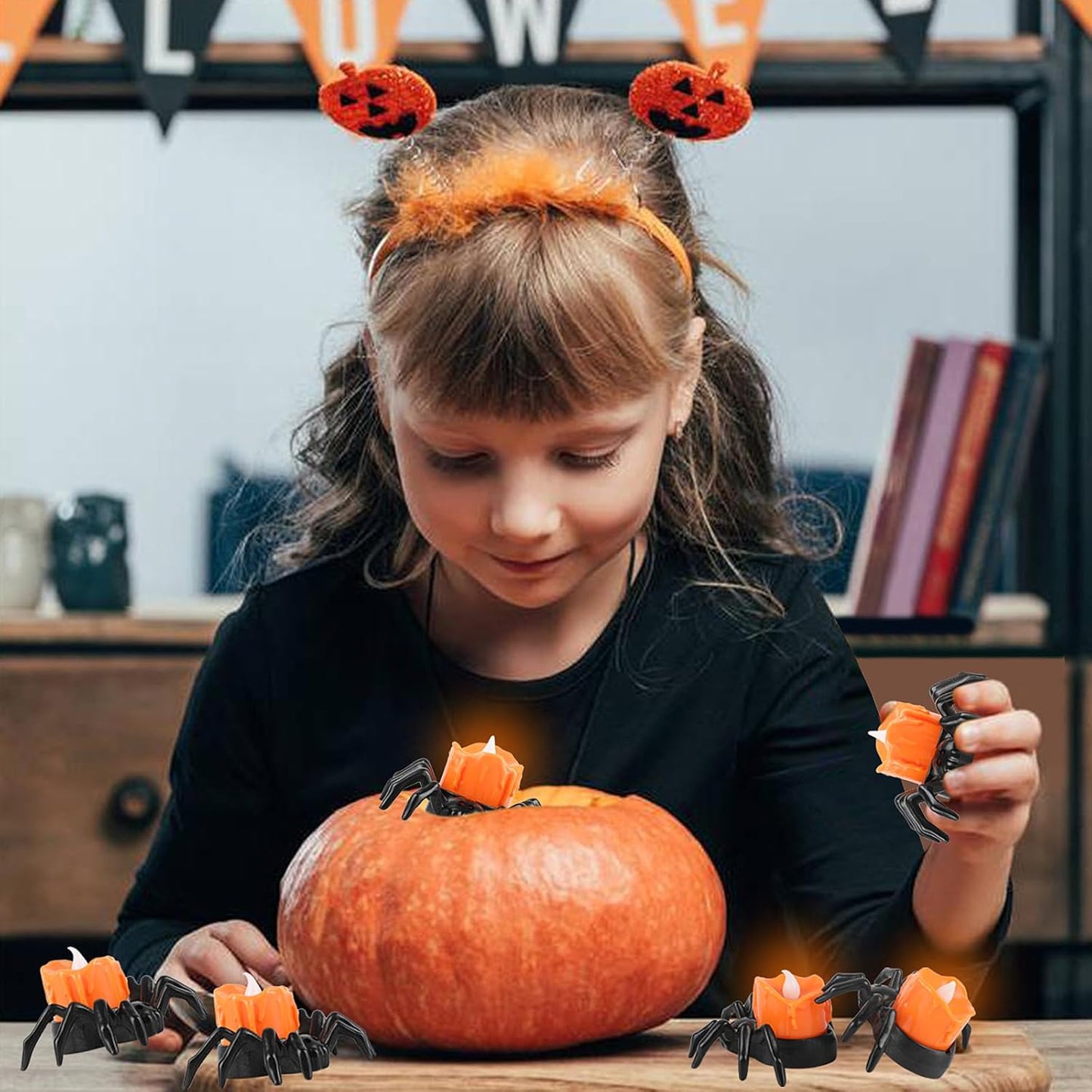 FOIMAS 6 PCS Halloween Tea Lights Candles,Halloween Flameless Candles Halloween Spider Tealights Spooky Flickering Fake Candles for Halloween Party Decorations, Black