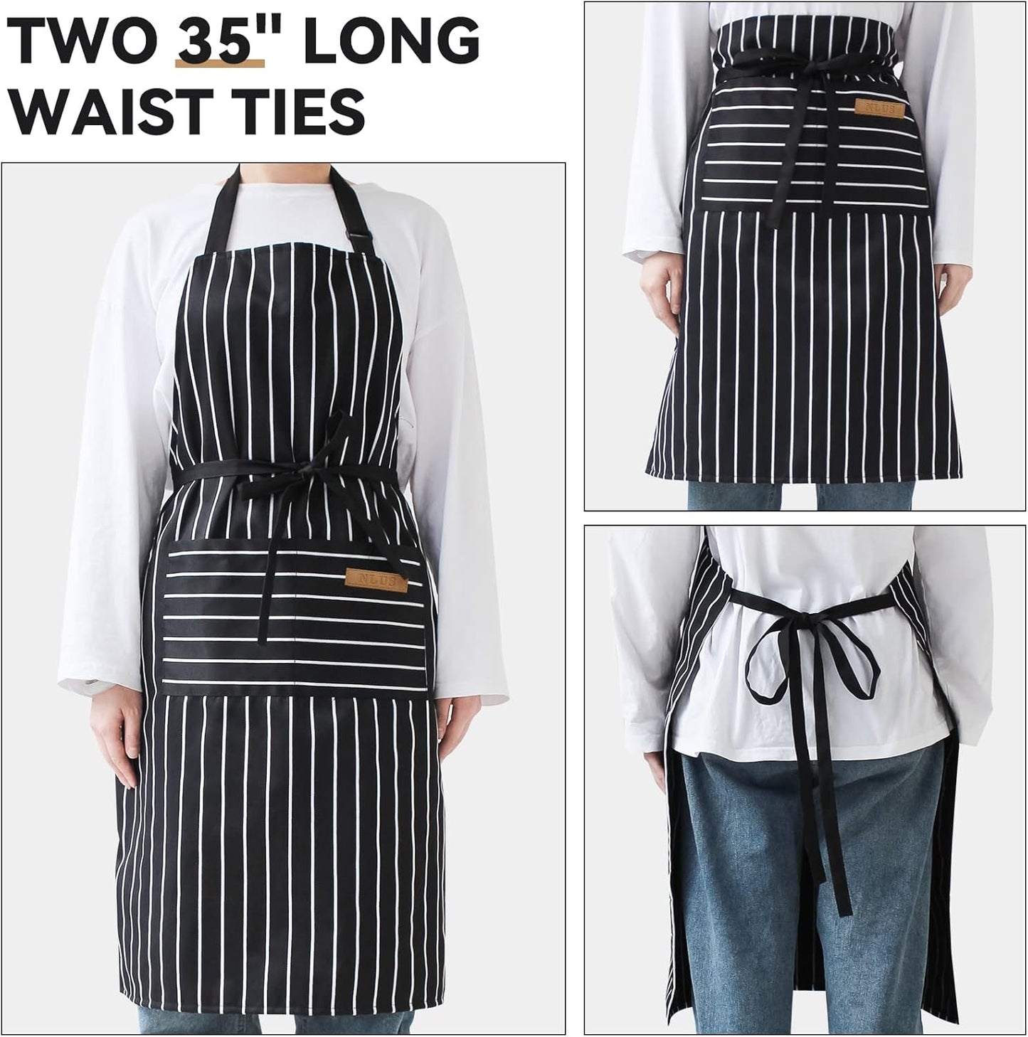 NLUS 2 Pack Kitchen Cooking Aprons, Adjustable Bib Soft Chef Apron with 2 Pockets for Men Women(Black/Brown Stripes)