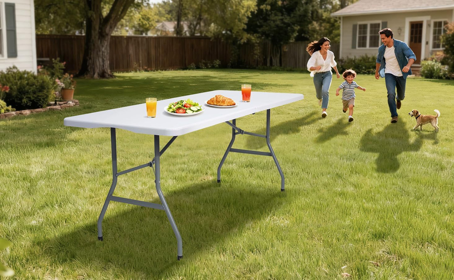 6ft Folding Table - Heavy Duty Portable Table for Parties, Camping & BBQs, Folds in Half for Easy Storage, No Assembly Required, White