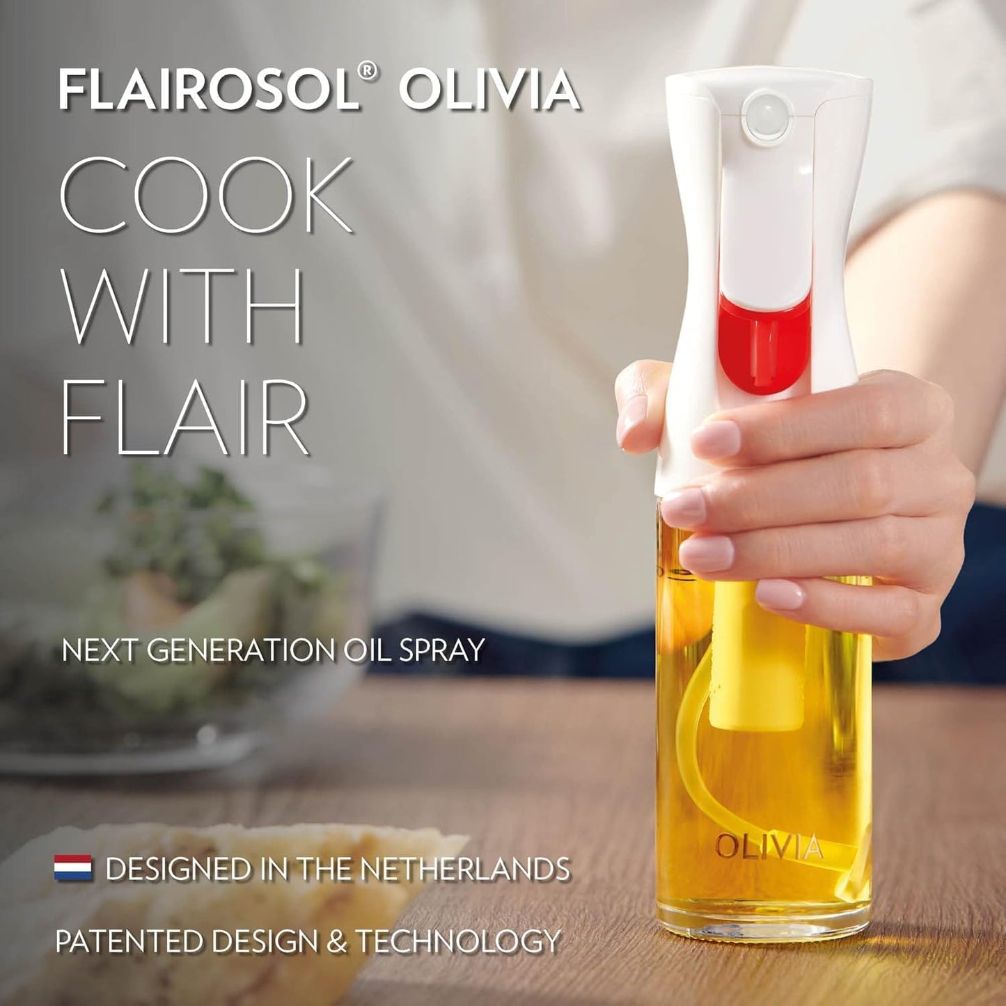 FLAIROSOL OLIVIA. The Original Advanced Oil Sprayer for Cooking, Salads, BBQs and More, Continuous Spray with Portion Control, Trusted by Chefs. Patented Technology. (Glass Bottle) (Gold Print)