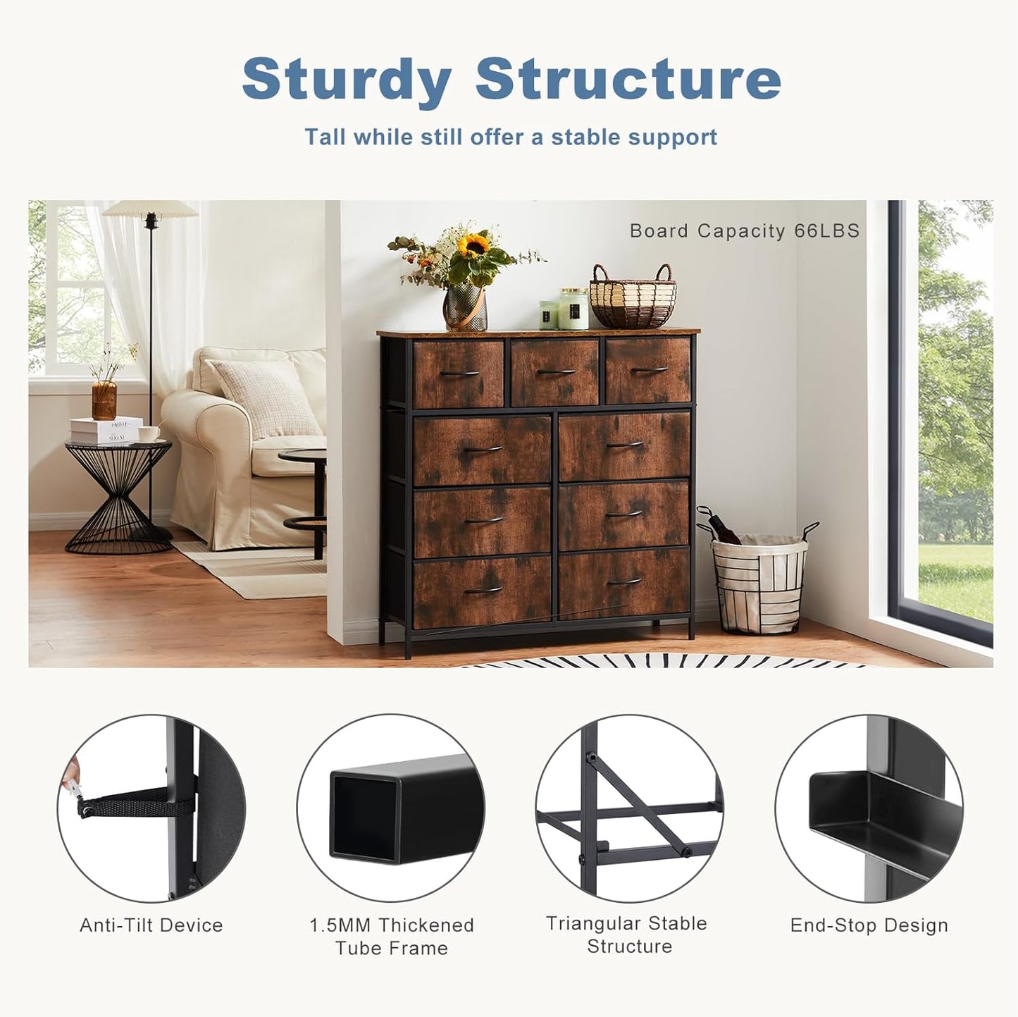 DUMOS Dresser for Bedroom, Storage Organizer with 9 Drawers, Chest of Drawers with Fabric Bins, Sturdy Metal Frame, Wood Tabletop for Guest Room, Closet, Entryway, Brown