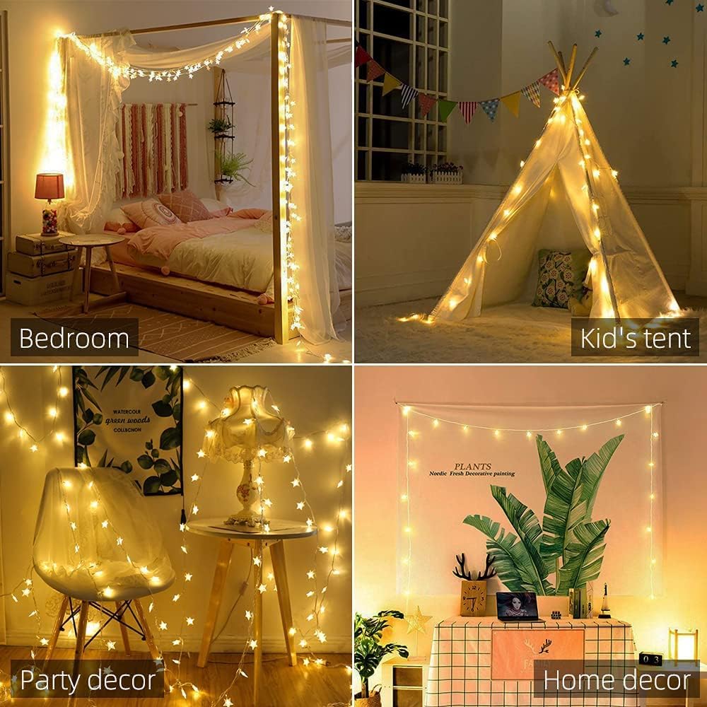 Star String Lights Plug in - 33 ft 100 LED Star Fairy String Lights with Remote and Timer, Waterproof for Bedroom Porch Wedding Party Patio Garden Tent Indoor Outdoor Décor, Warm White