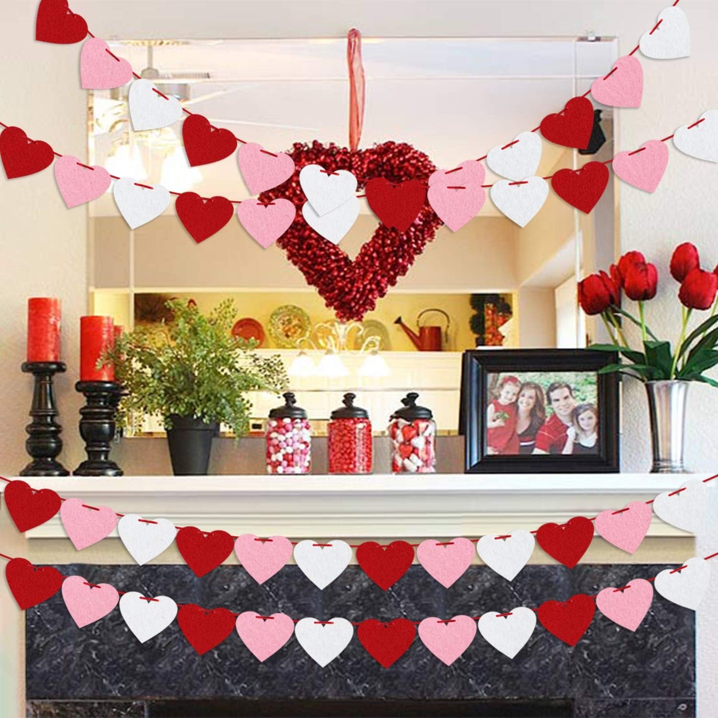 Felt Heart Garland Banner, Pre-Strung | Valentines Decorations | Red Pink White Valentines Banner | Anniversary Wedding Birthday Party Decorations | Outdoor Home Hanging Valentine's Day Decor