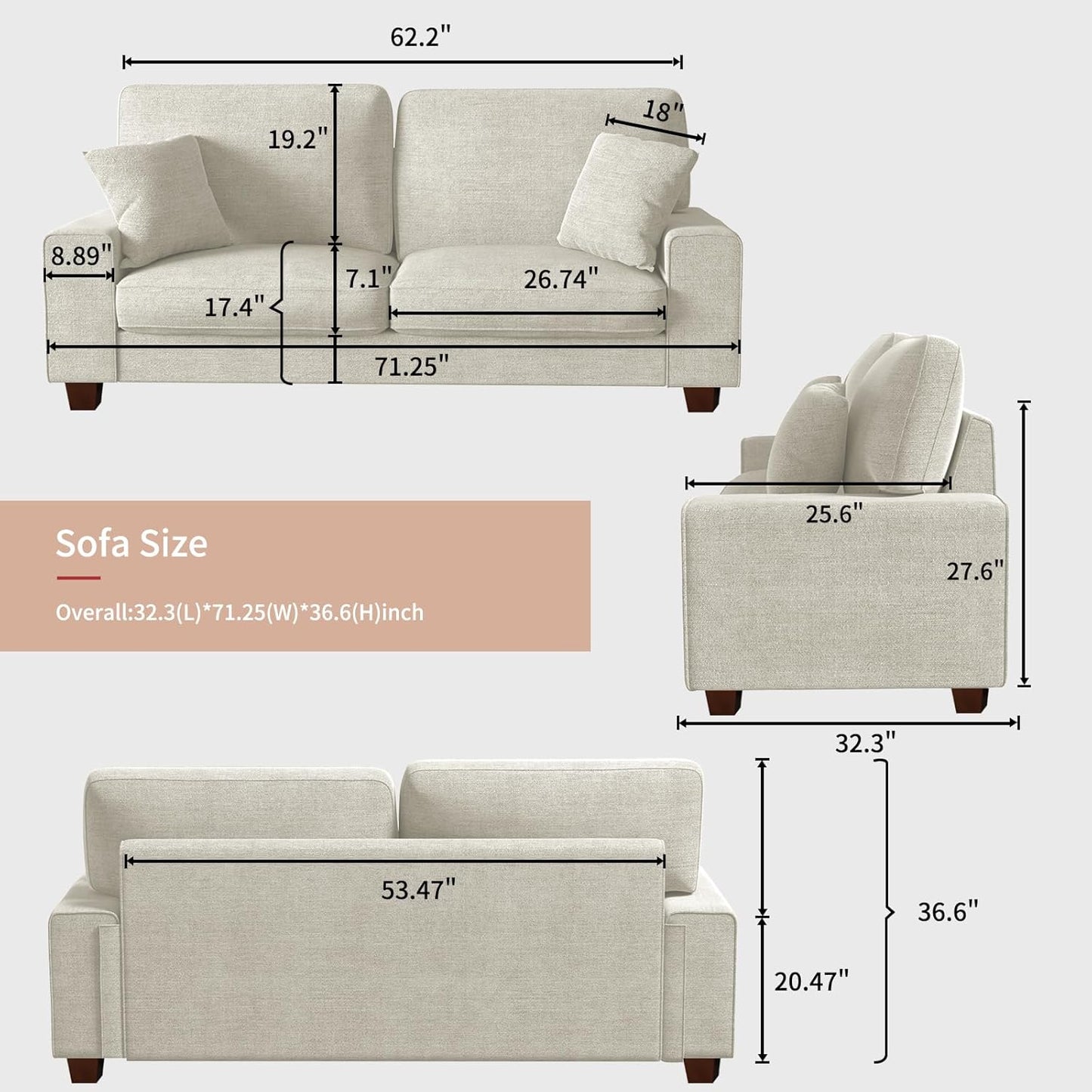 DOPEDIO Modern Loveseat Sofa for Living Room,Chenille Recliner, Removable Cover, Spring Cushions, Solid Wood Frame, Easy Assembly for Small Spaces (71.25inch,Beige)