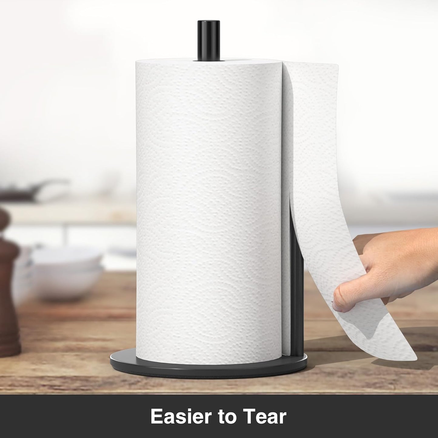Paper Towel Holder Black, Premium Stainless Steel Kitchen Roll Dispenser, Countertop Roll Organizer with Weighted Base
