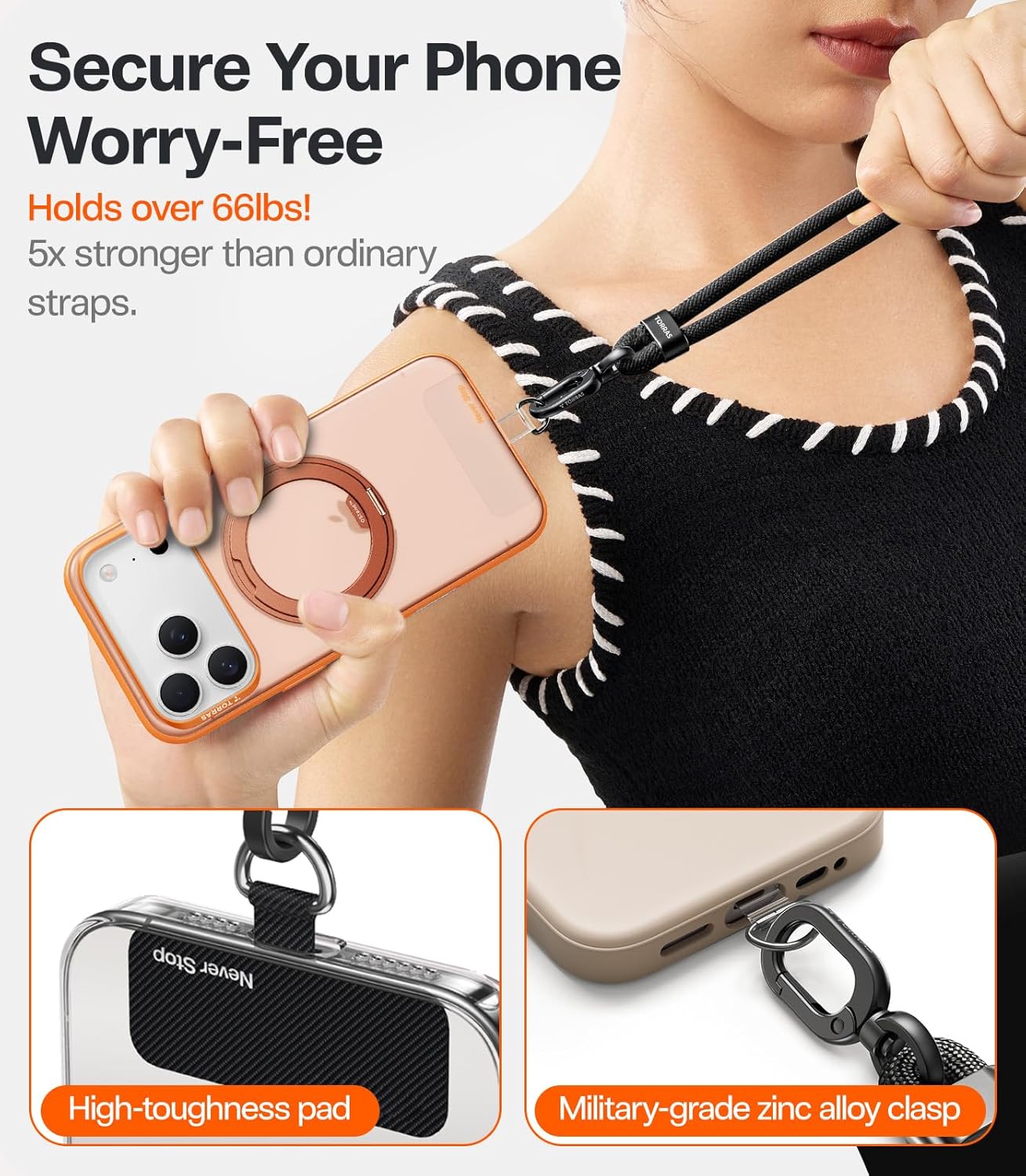 TORRAS Phone Lanyard Crossbody with 2 Phone Tabs, Adjustable Anti Theft Phone Strap for All Phones, Premium Metal Buckles, Skin-Friendly, Universal Cell Phone Neck lanyard for Travel Essentials, Black