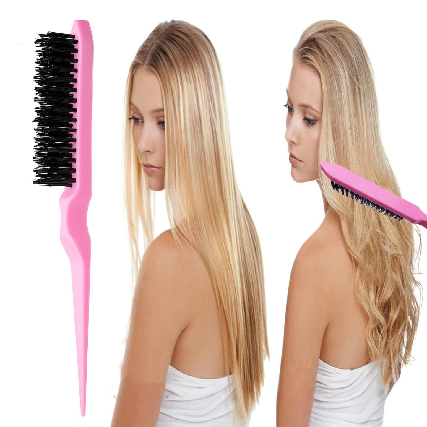 8Pcs Hair Brushes Set with 4Pcs Topsy Hair Tail Tools 1Pcs Bristle Teasing Hair Brush 1Pcs Edge Control Brush 2Pcs Metal Pin Rat Tail Combs for Woman Girl hair Styling,Edge&Back Brushing,Pink