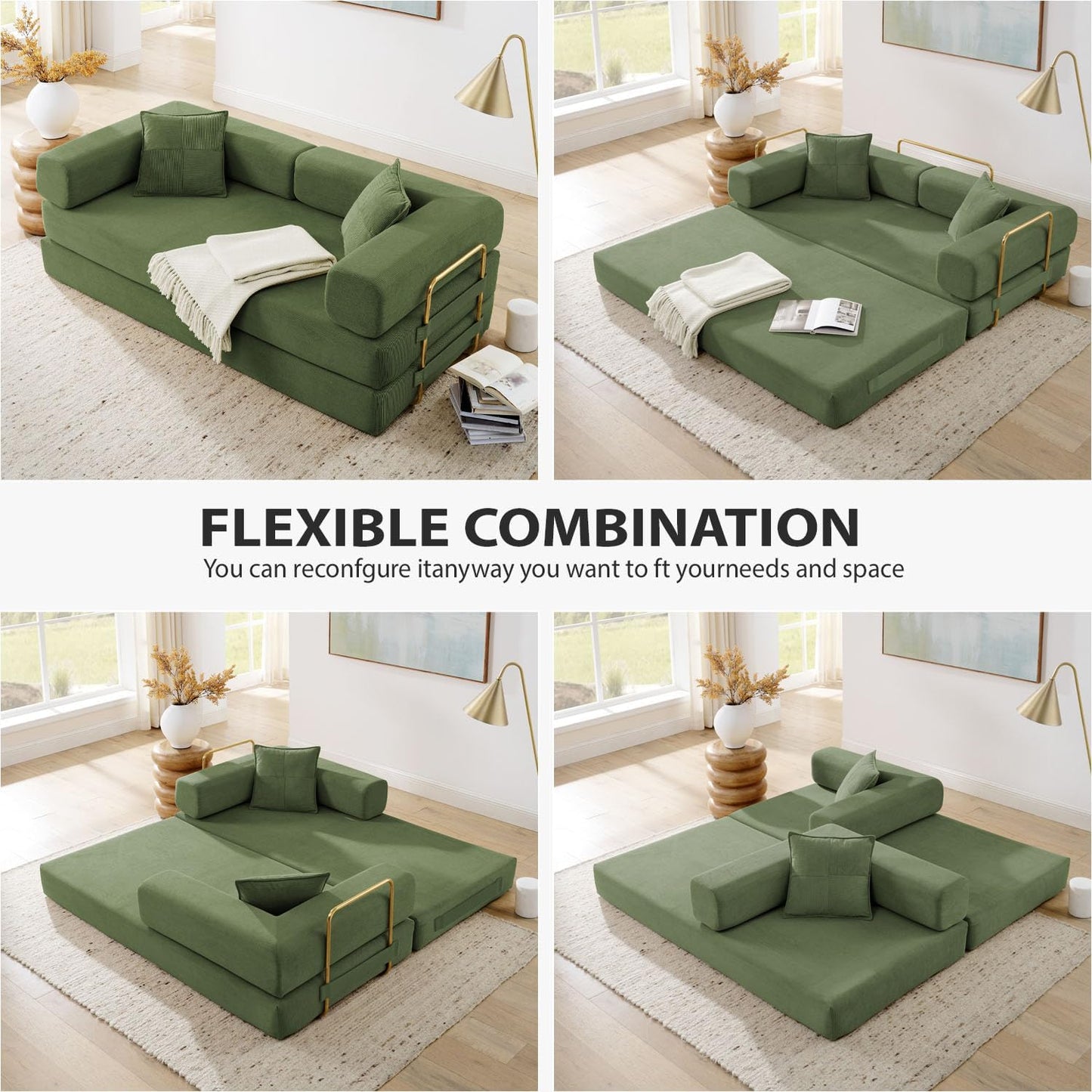 4-in-1 Folding Convertible Sofa Bed, 78 Inch Oversized Corduroy Upholstered Boneless Couch, Loveseat Sleeper with Pull Out Bed, Floor Sofa Modular Futon Couch for Living Room Bedroom Lounge, Green