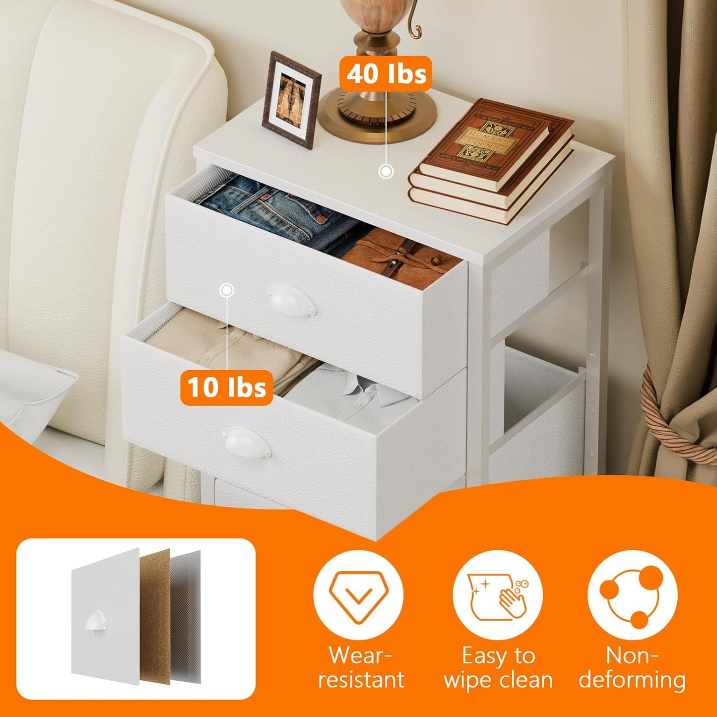 Furnulem White Tall Dresser for Bedroom,Vertical Storage Tower Unit and End Table with 6 Fabric Drawers, Nightstand Furniture with Drawer Organizer in Living Room,Closet,Entryway,Hallyway