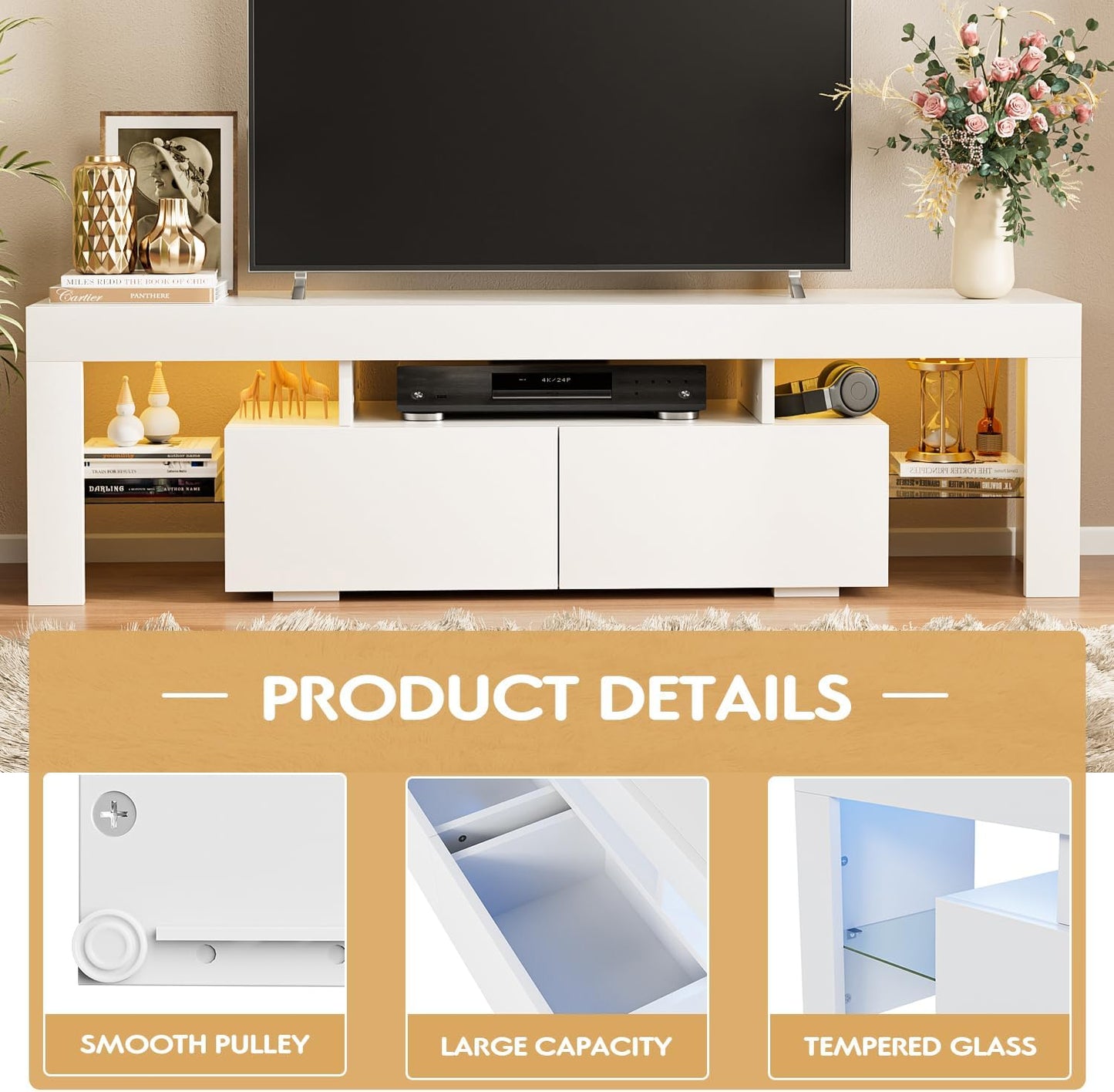 JUMMICO TV Stand with LED Lights, Modern Entertainment Center Media and Open Shelf Console Table Storage Desk with 1 Drawer and Remote Control 20 Color LED Lights up to 70 Inch TV (White)