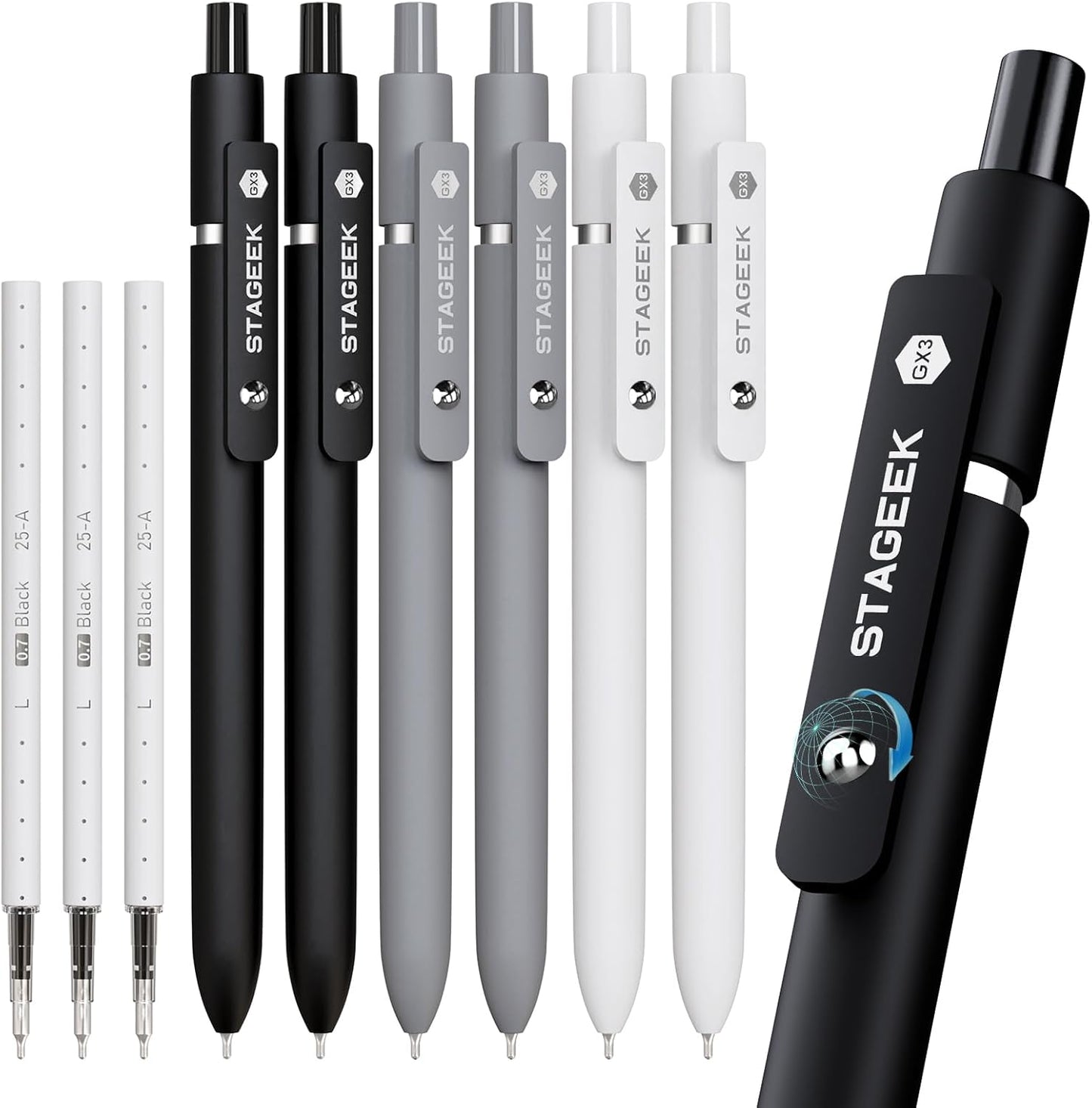 Black Gel Pens, 6Pcs Fine Point Smooth Writing Pens with 3 Extra Refills, Black Ink Pens for Journaling, Office, Note Taking, School Supplies, Nurse Aesthetic(Black Gray White)