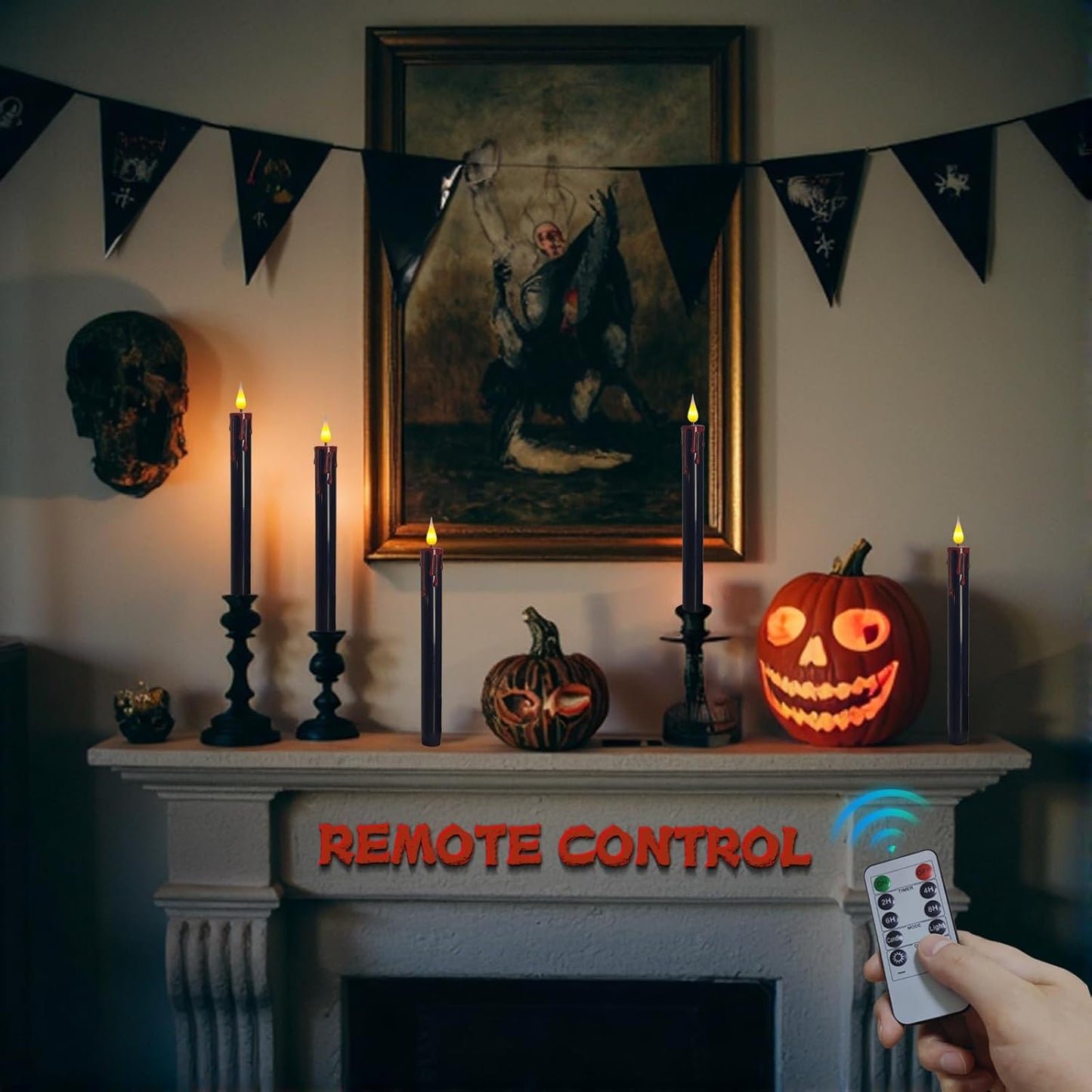 Flameless Bleeding Candles – 6 Pack, Black LED Taper Candles with Red Dripping Wax Effect, 0.8 x 9.9 Inches, Includes 2 Remotes – Creepy Halloween Decor for Haunted Houses & Horror Parties