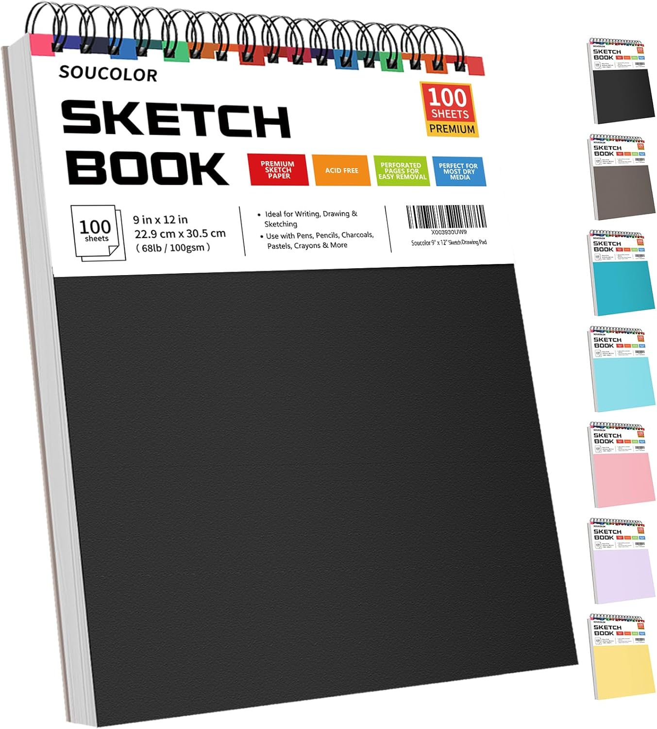 Soucolor Sketch Book, Spiral Bound Acid-Free Sketchbook with 68lb/100gsm for Paper Painting, Drawing, Writing, Artist Sketching Pad for Kids, Adults & Teens, 100 Sheets (Black, 9 x 12 Inch, Pack of 1)