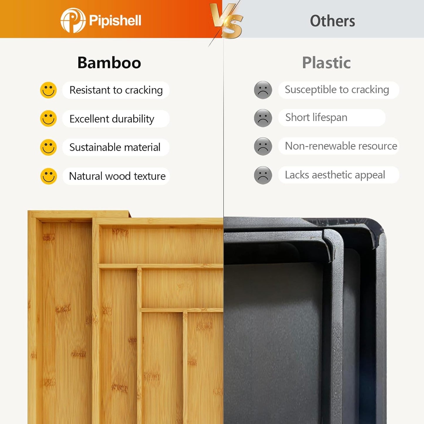 Pipishell Bamboo Expandable Silverware Drawer Organizer, Adjustable Kitchen Utensil Tray for Forks, Spoons and Knives, Wood Storage Cutlery Holder for Bedroom and Living Room