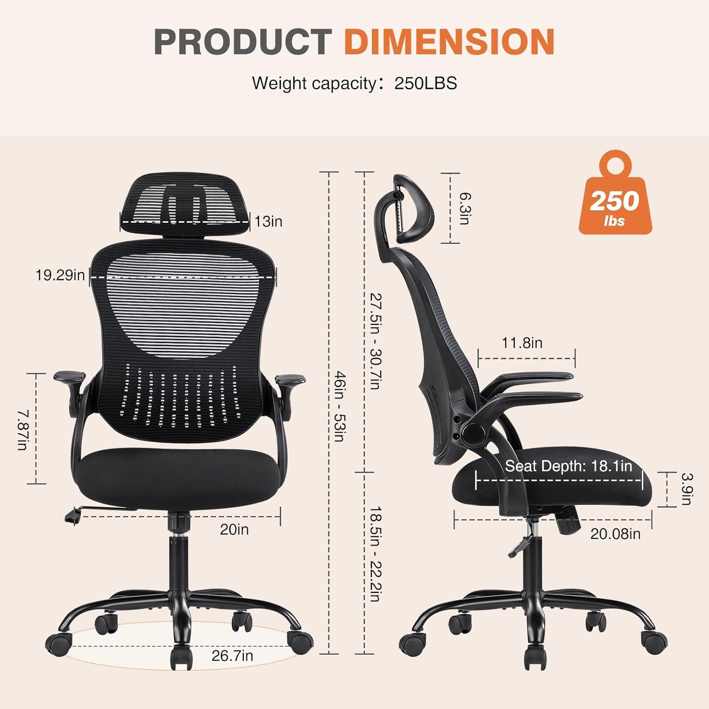 Sweetcrispy Office Computer Desk Chair, Ergonomic High-Back Mesh Rolling Work Chairs with Wheels and Adjustable Headrests, Comfortable Lumbar Support, Comfy Flip-up Arms for Home,Bedroom,Study, Black