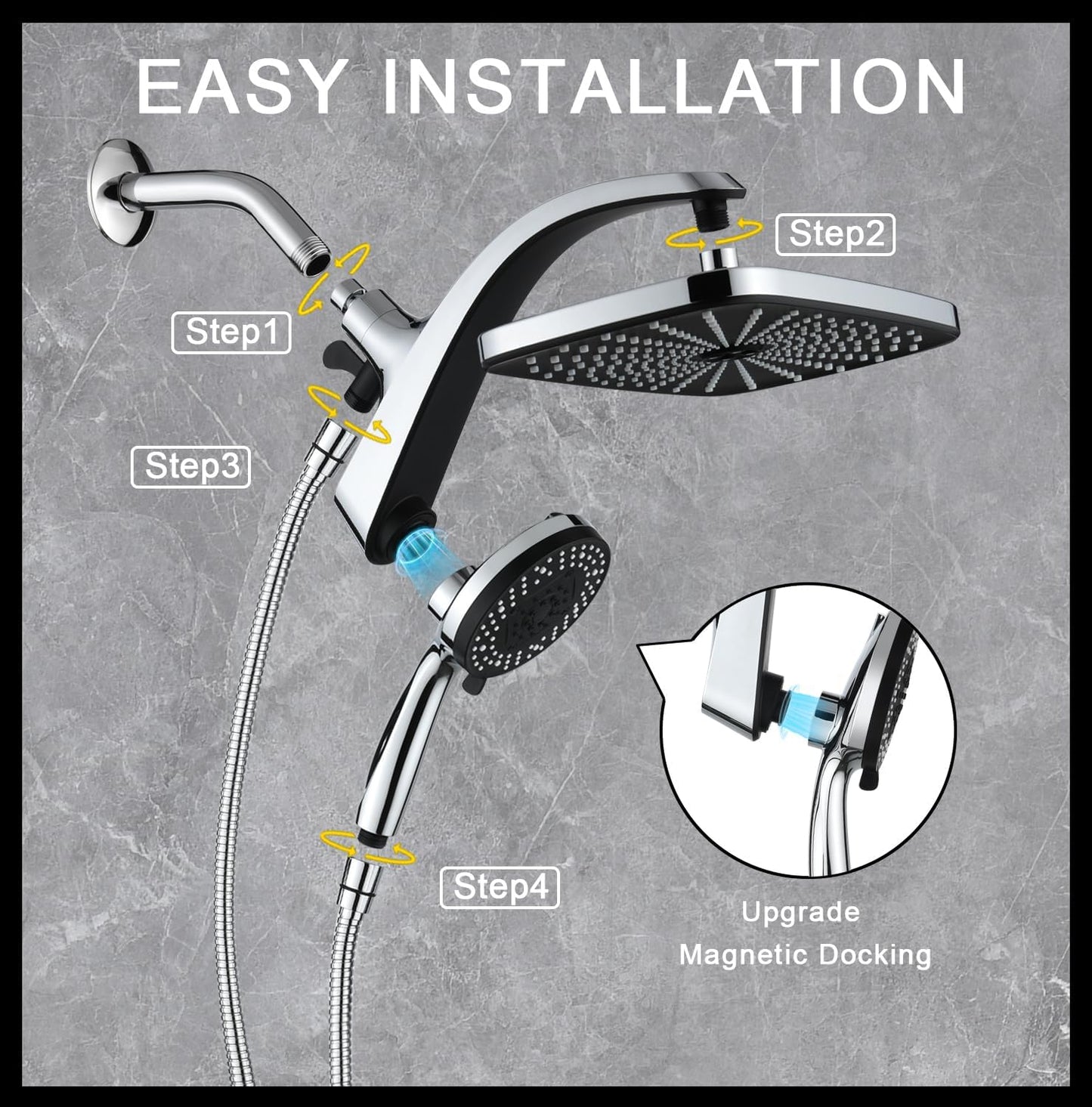 High Pressure Rain Shower Head: Upgrade Shower Heads with Handheld Spray Combo with Fixed Showerhead and 10 Sprays Handheld Shower Head, Detachable Shower head Built-in Magnetic Docking and Power Jets