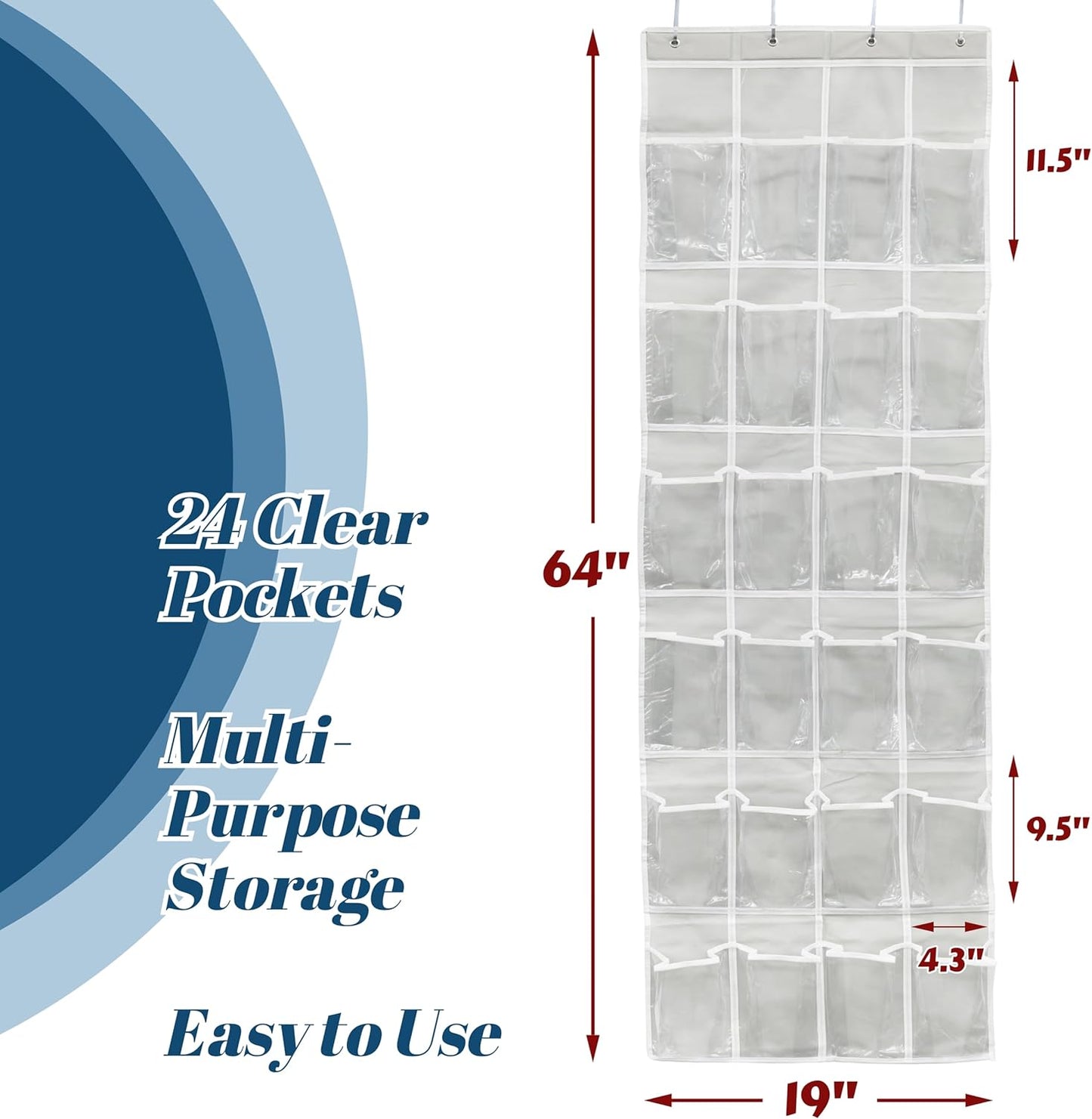 Simple Houseware 24 Pockets - Crystal Clear Over The Door Hanging Shoe Organizer, Gray (64'' x 19'')