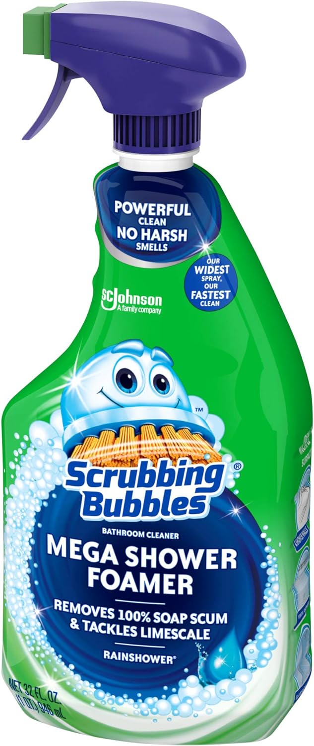 Scrubbing Bubbles Mega Bathroom and Shower Cleaner Spray, Foaming Action Removes Limescale and Soap Scum, Rainshower Scent, 32oz